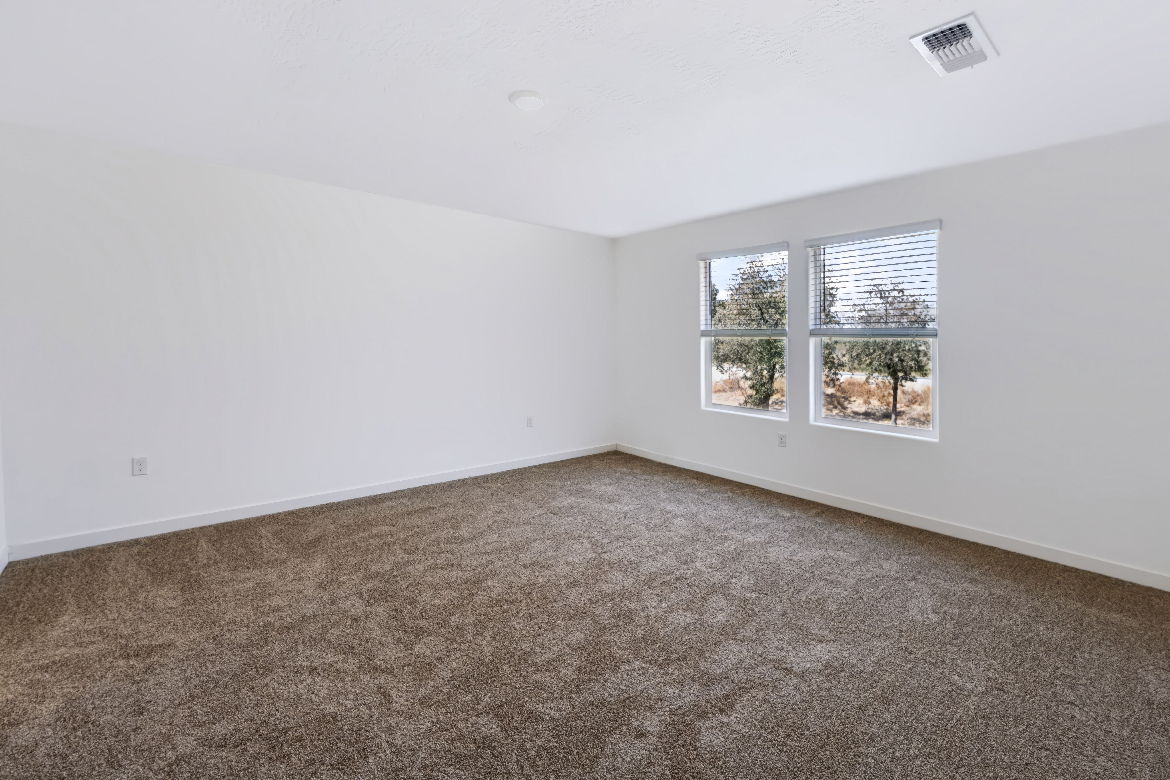 A room with a carpet and a window.