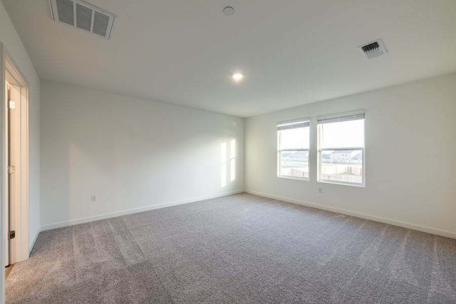A room with a carpet and windows.