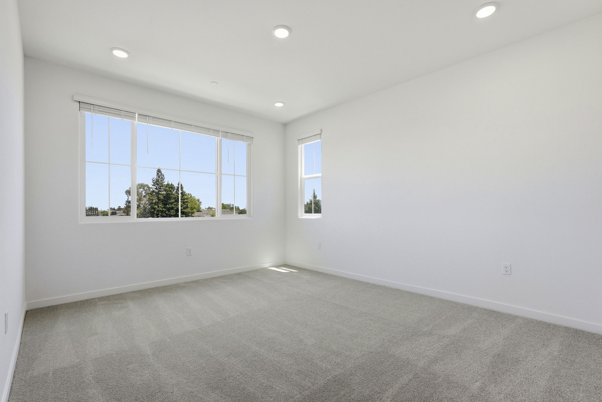 A room with a window and a white wall with a tree outside.