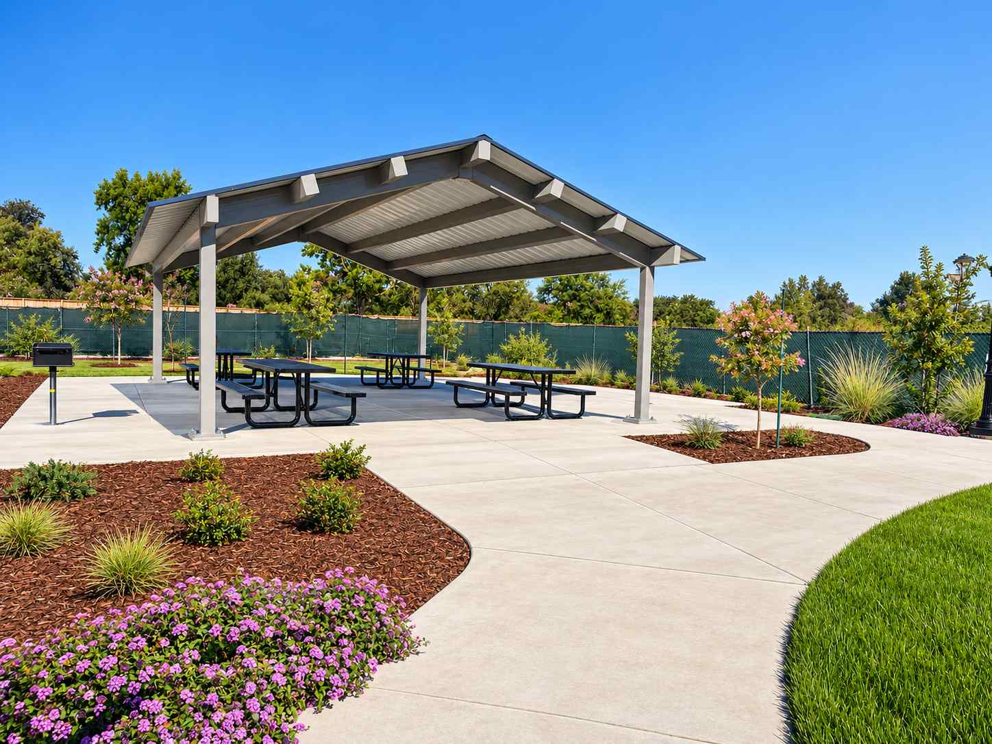 A covered area with benches and a covered area.