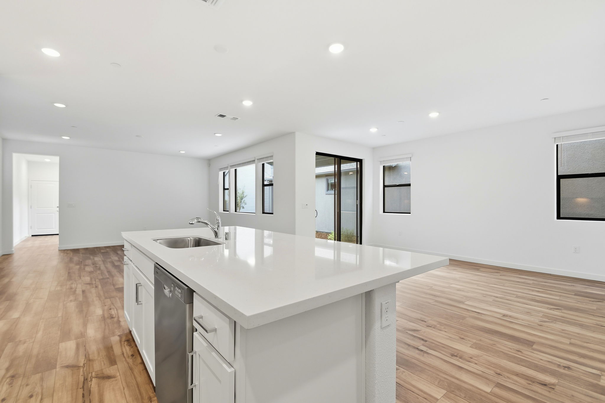 A kitchen with a large island.