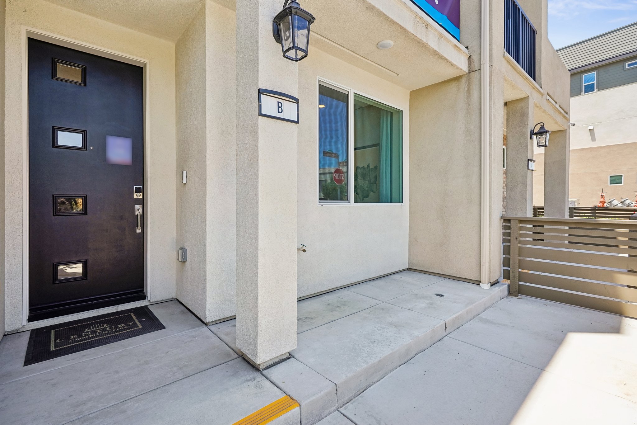 A building with a blue door.