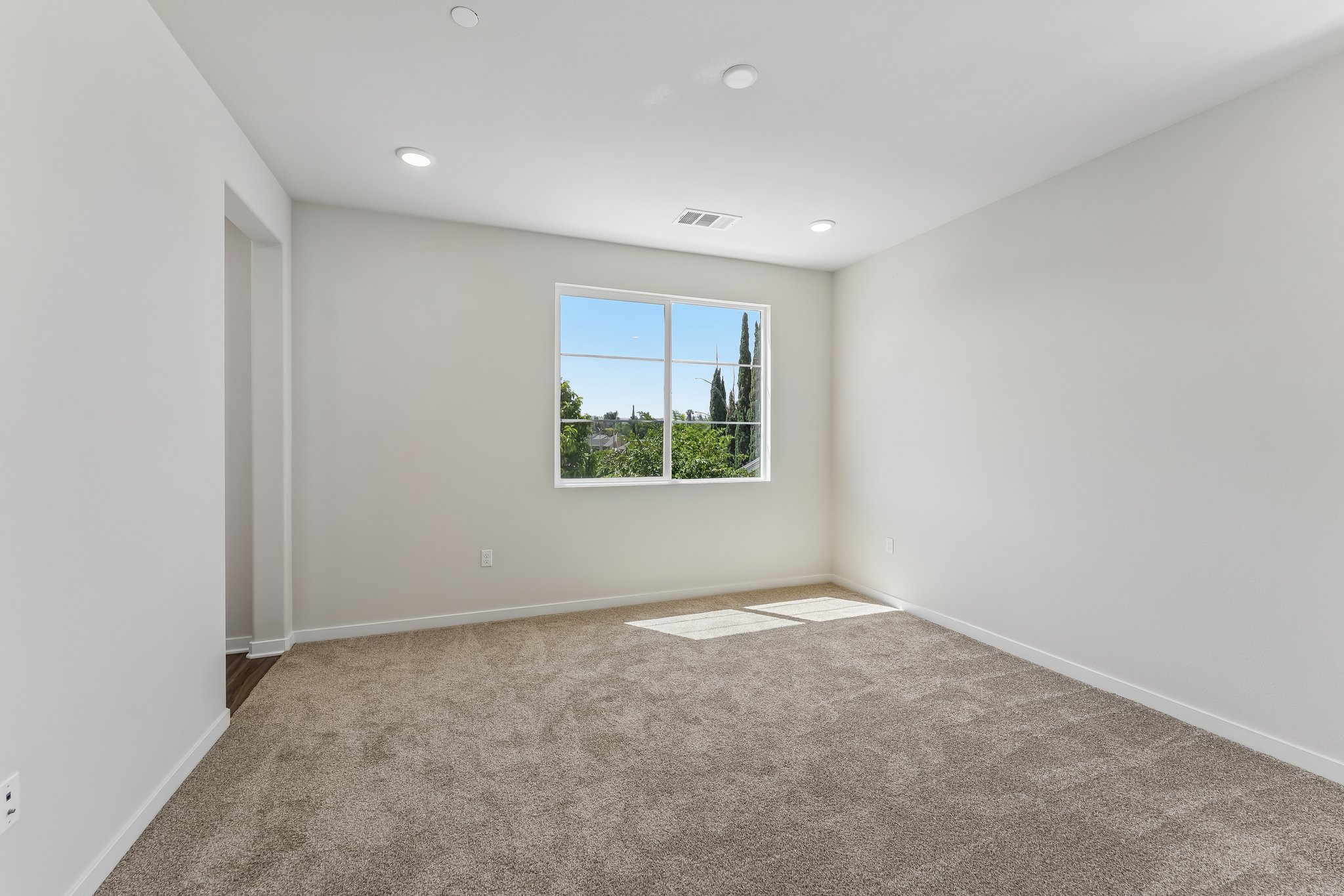 A room with a window and a rug.