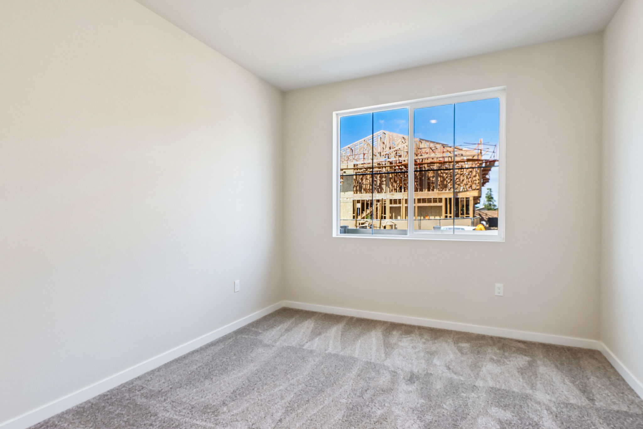 A room with a window and a rug.