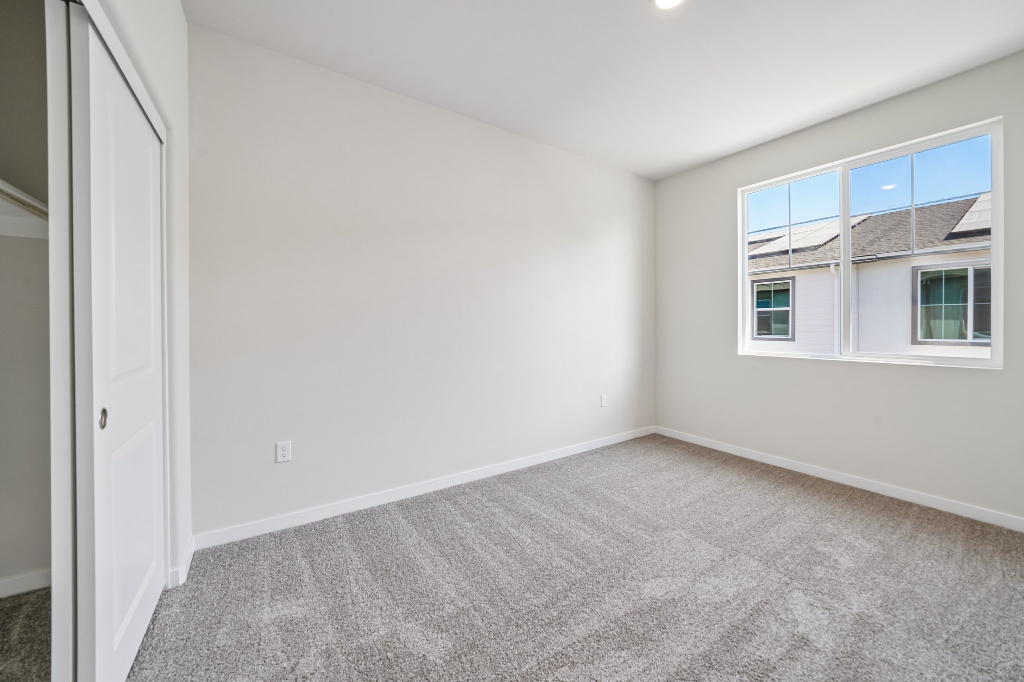 A room with a carpet and windows.