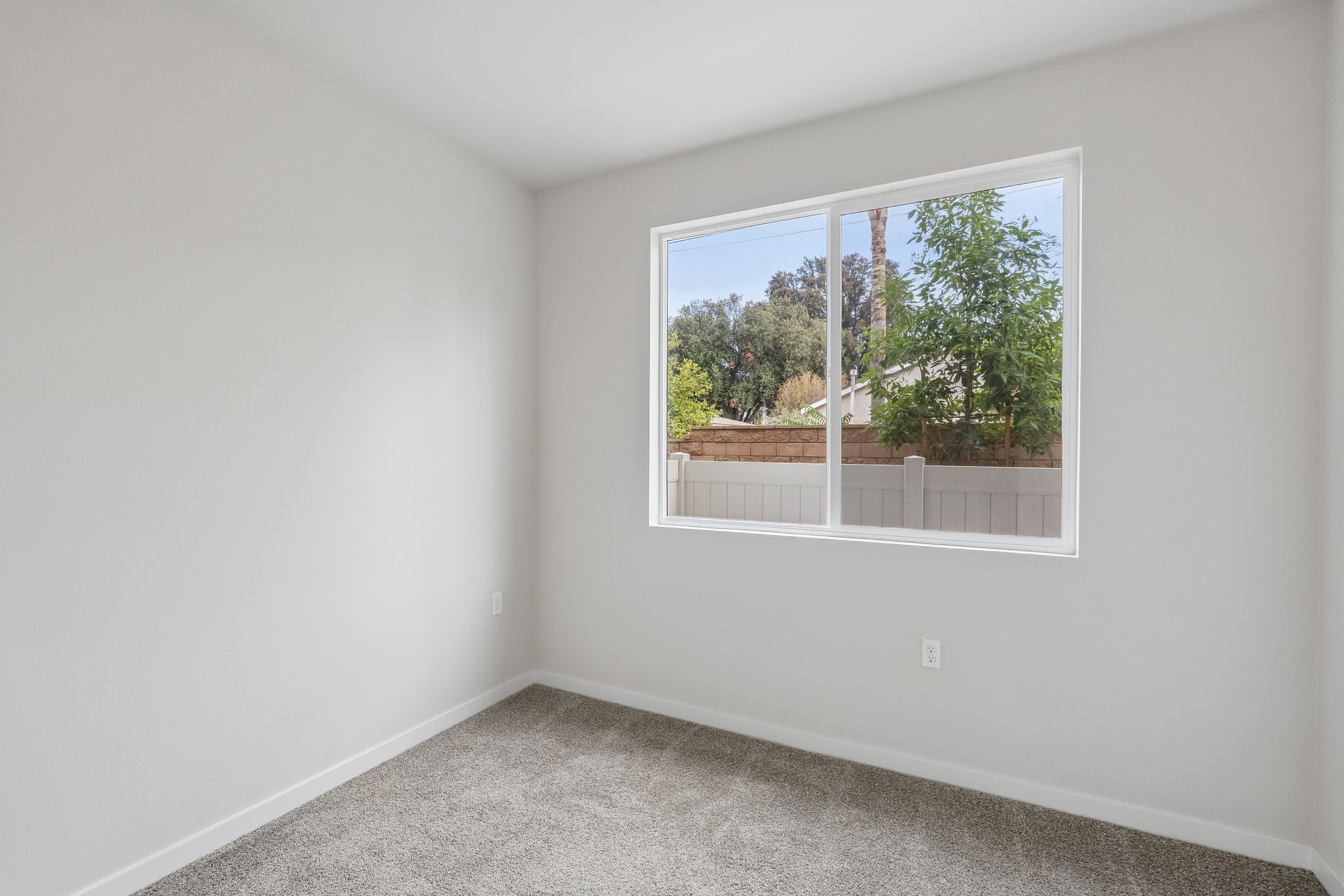 A room with a window and a rug.