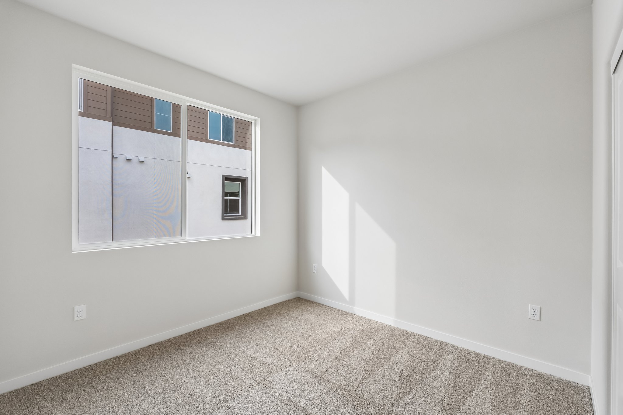 A room with a window and a rug.
