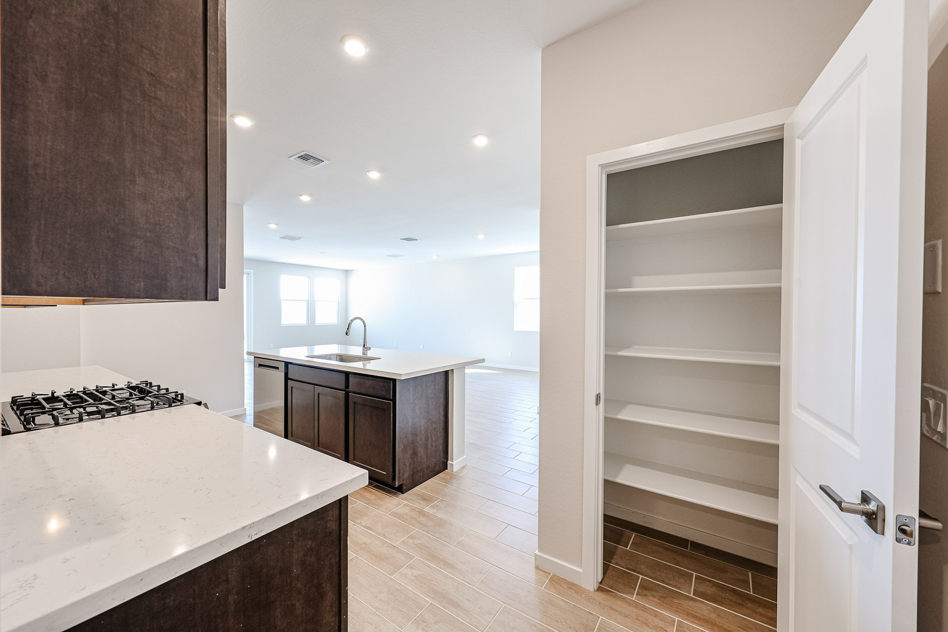 A kitchen with a large island.