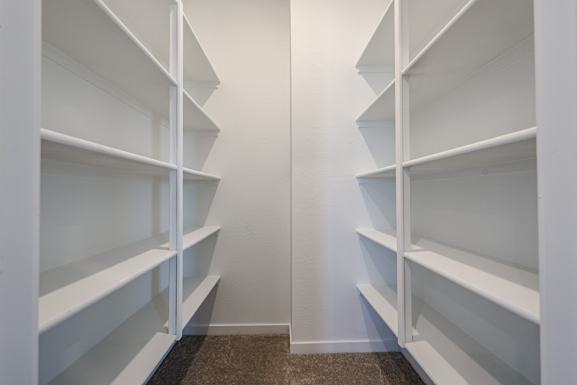 A white staircase with a carpet.
