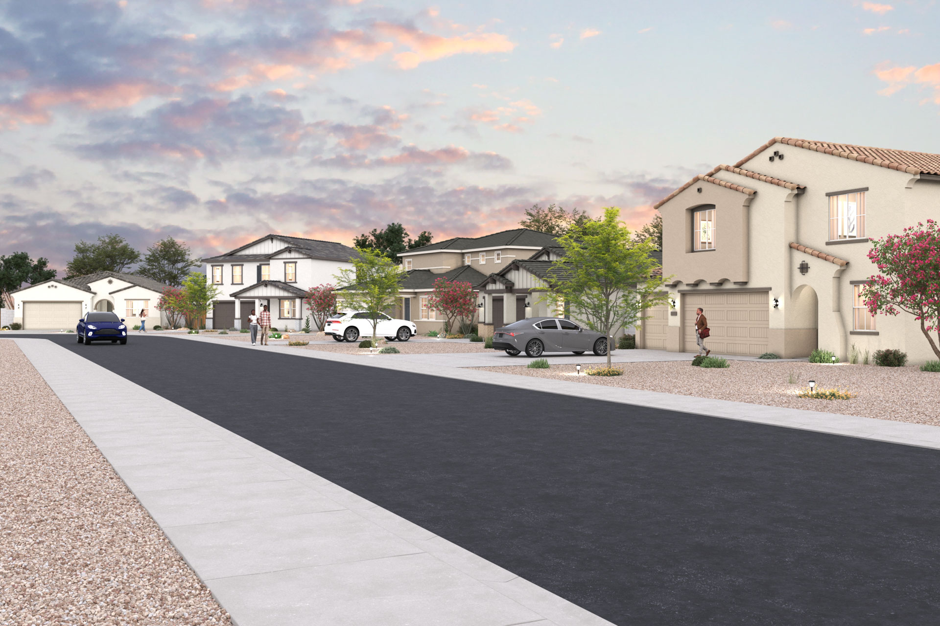 A street with houses and trees.
