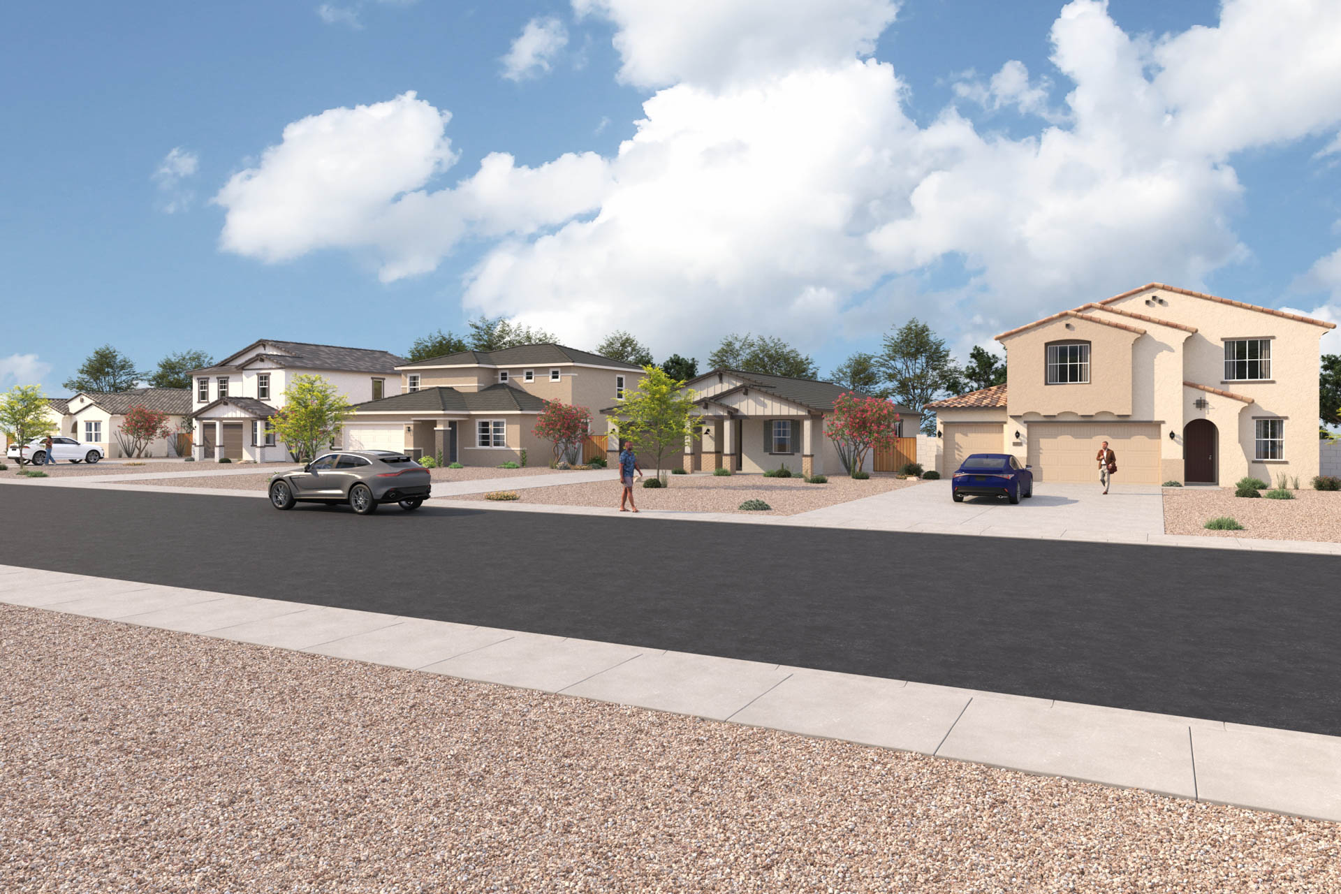 A street with houses and cars.