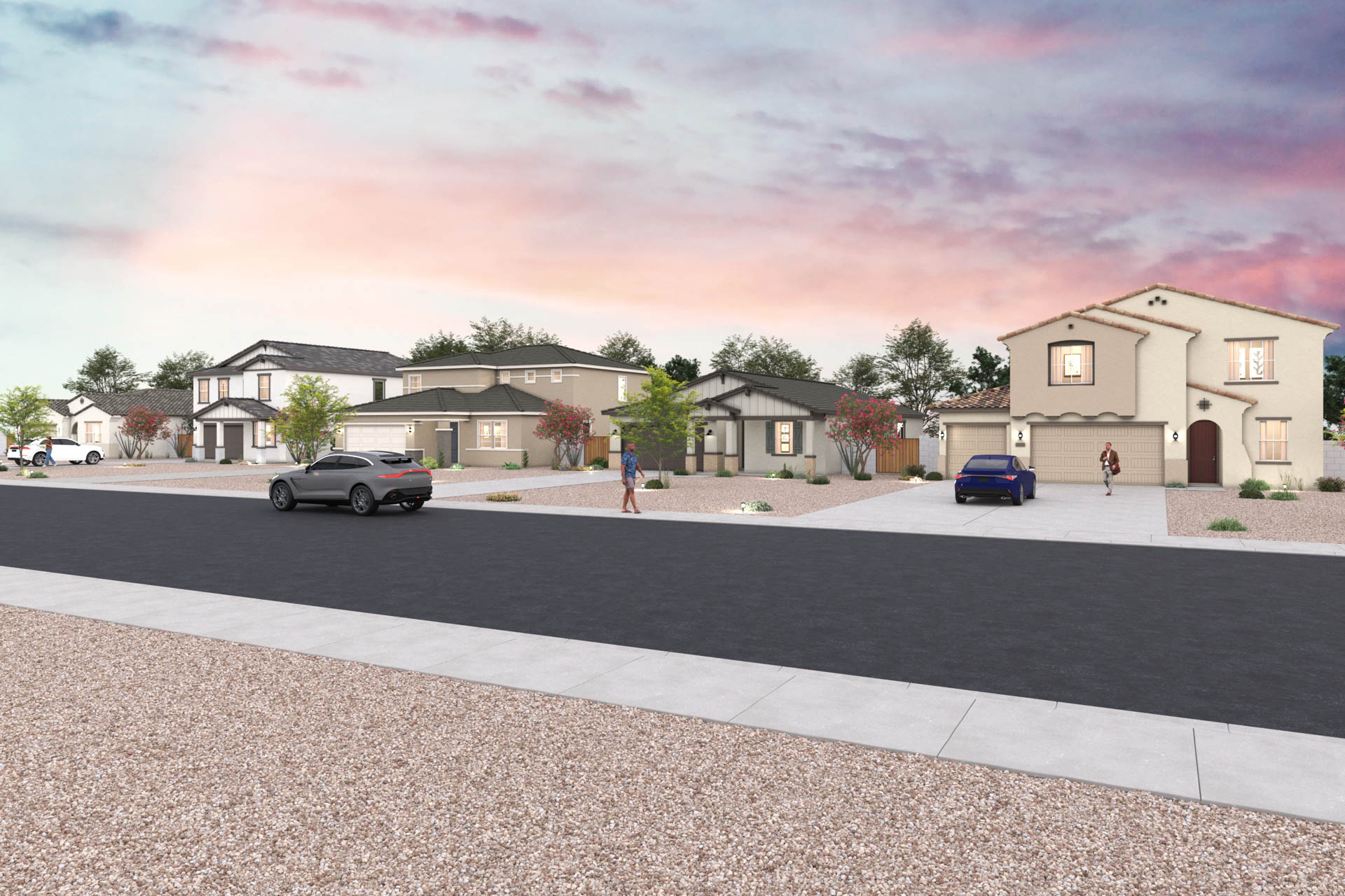 A street with houses and cars.