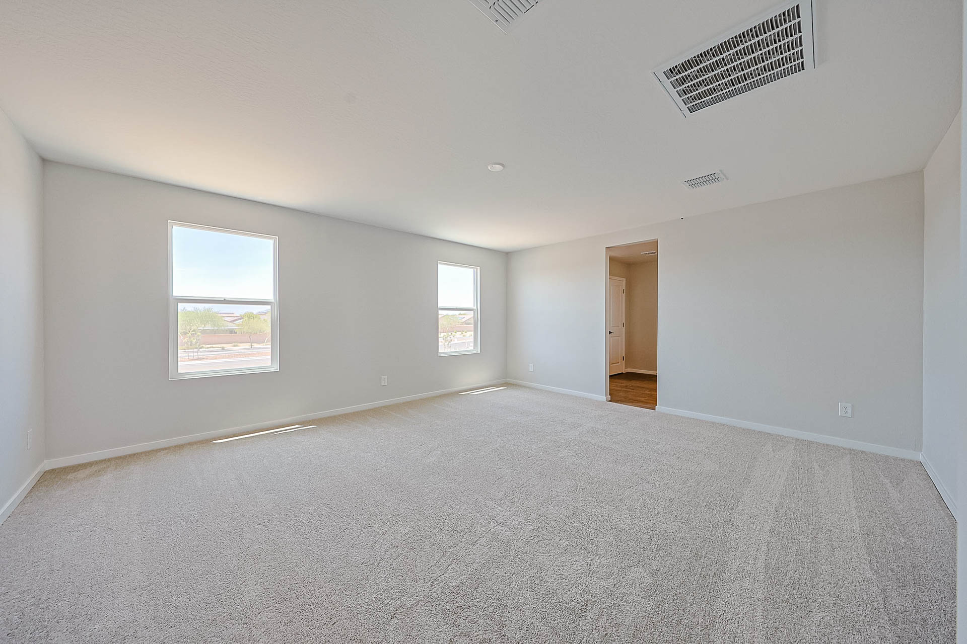A room with a carpet and windows.