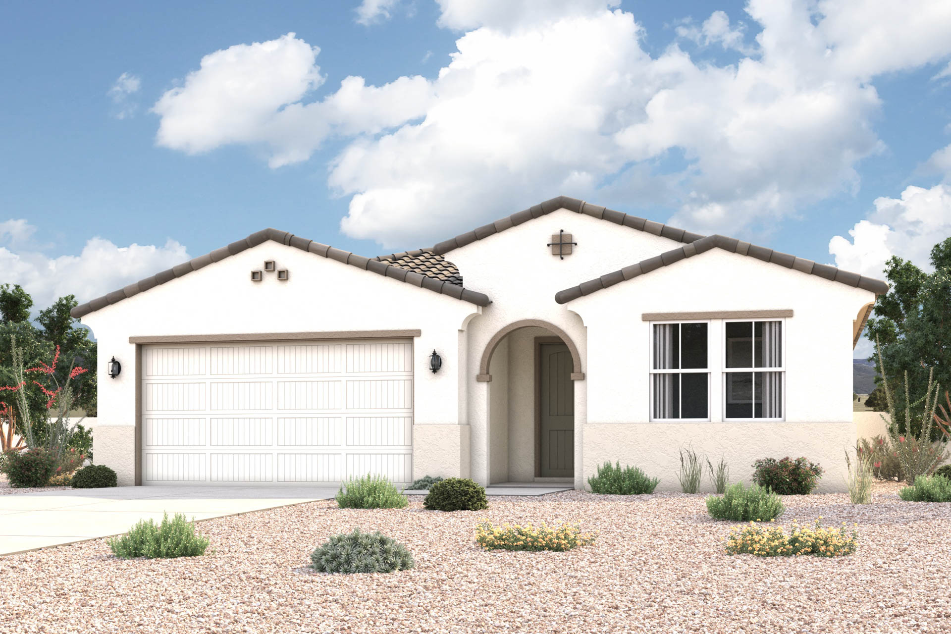 Architectural rendering of 1-story home in Maricopa, AZ with optional 3-Car Garage and USDA Loans available near Amarillo Creek.