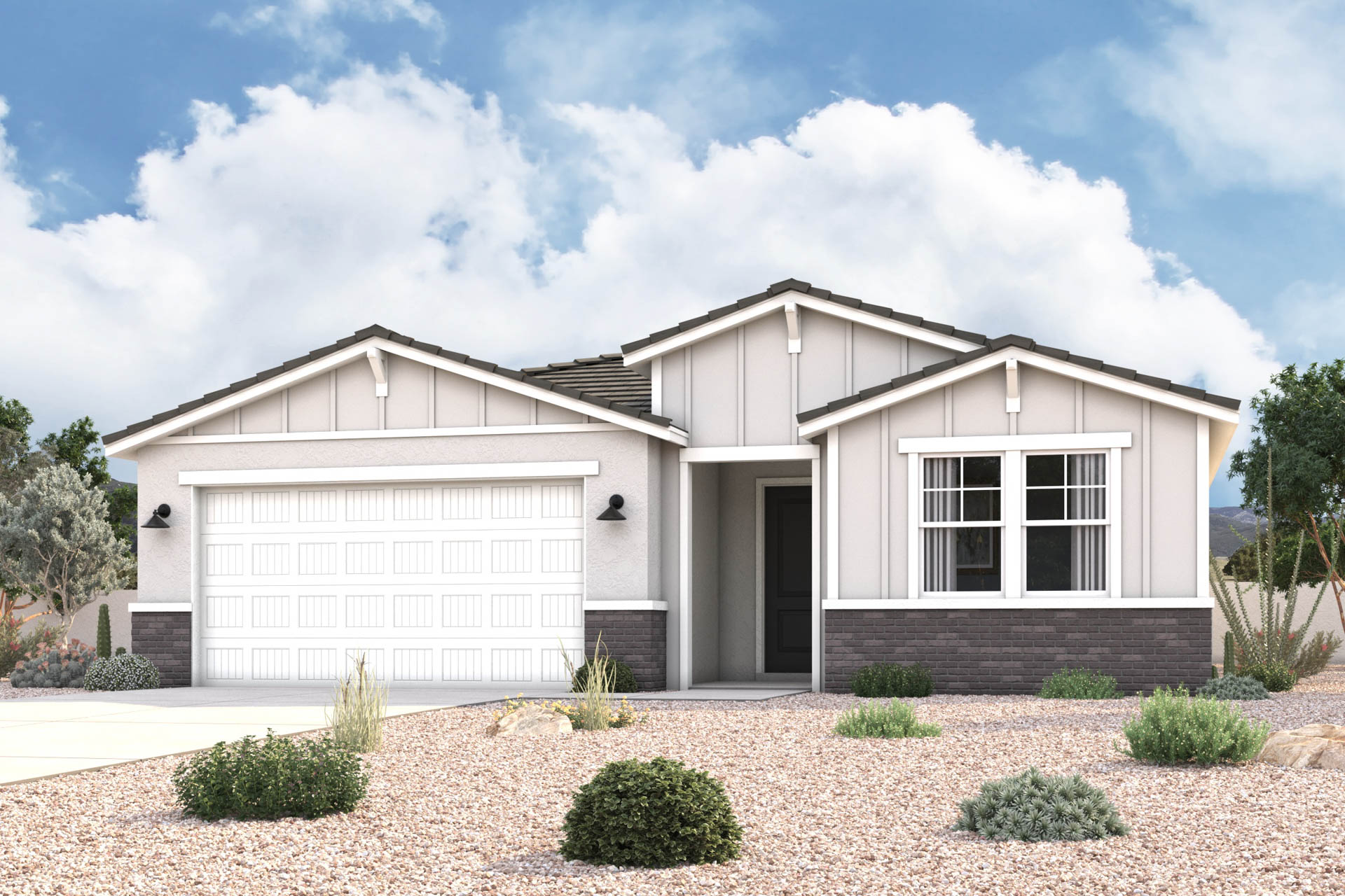 Architectural rendering of 1-story home in Maricopa, AZ with optional 3-Car Garage and USDA Loans available near Amarillo Creek.