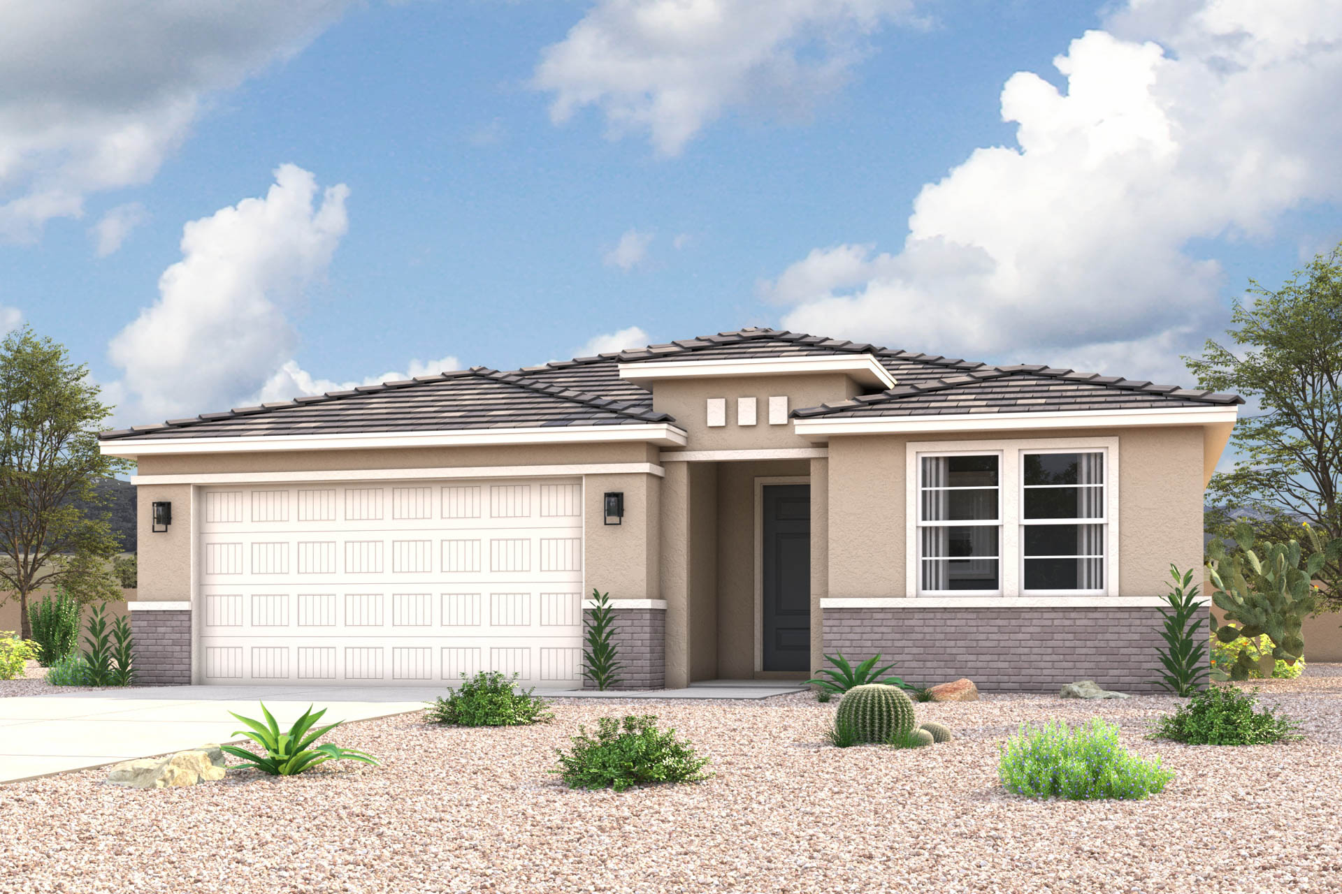 Architectural rendering of 1-story home in Maricopa, AZ with optional 3-Car Garage and USDA Loans available near Amarillo Creek.