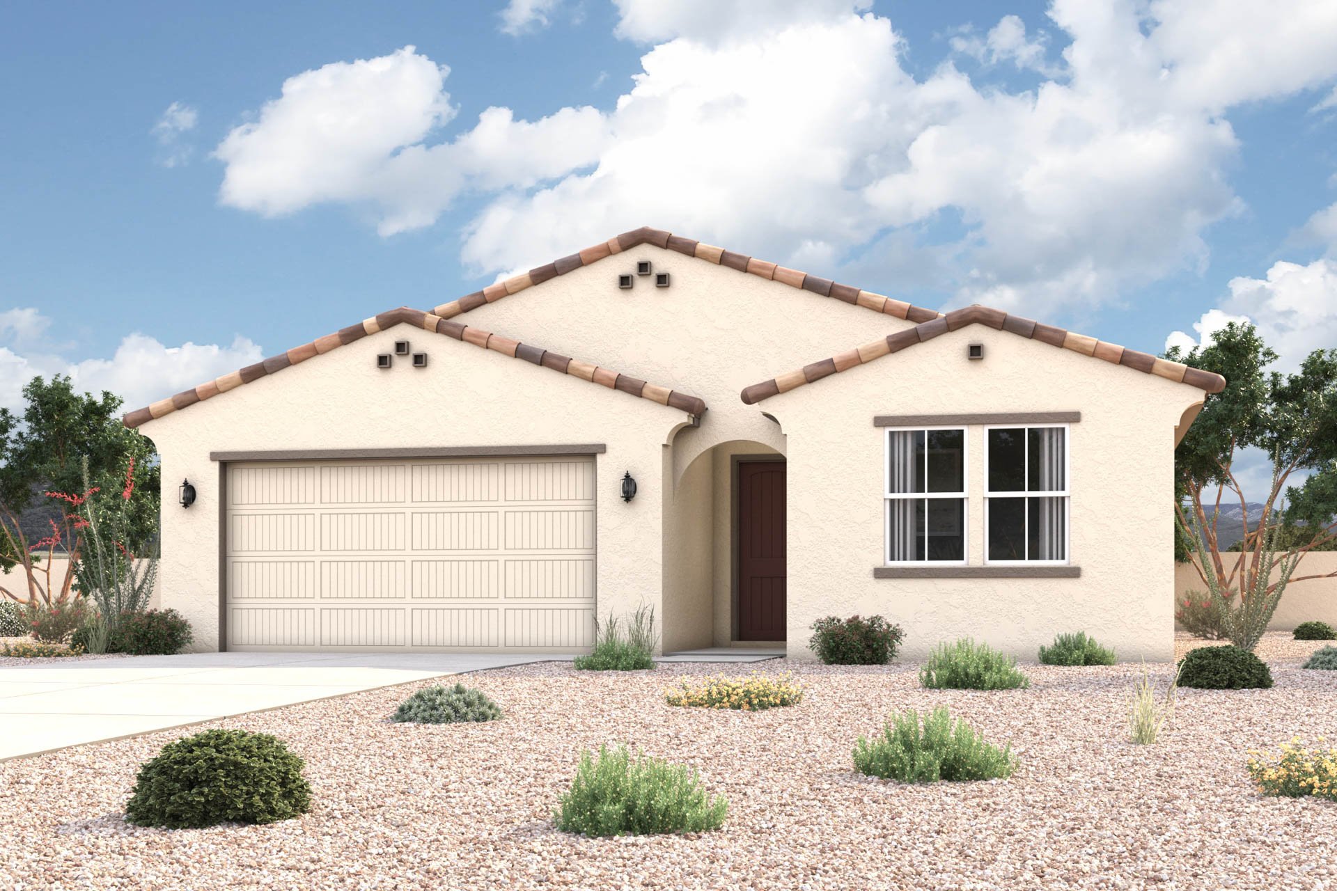 Architectural rendering of front of 1-story home in Maricopa, AZ with optional 3-Car Garage and USDA Loans available near Amarillo Creek.