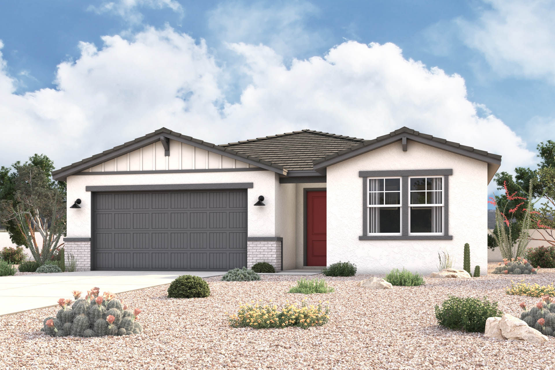 Architectural rendering of front of 1-story home in Maricopa, AZ with optional 3-Car Garage and USDA Loans available near Amarillo Creek.