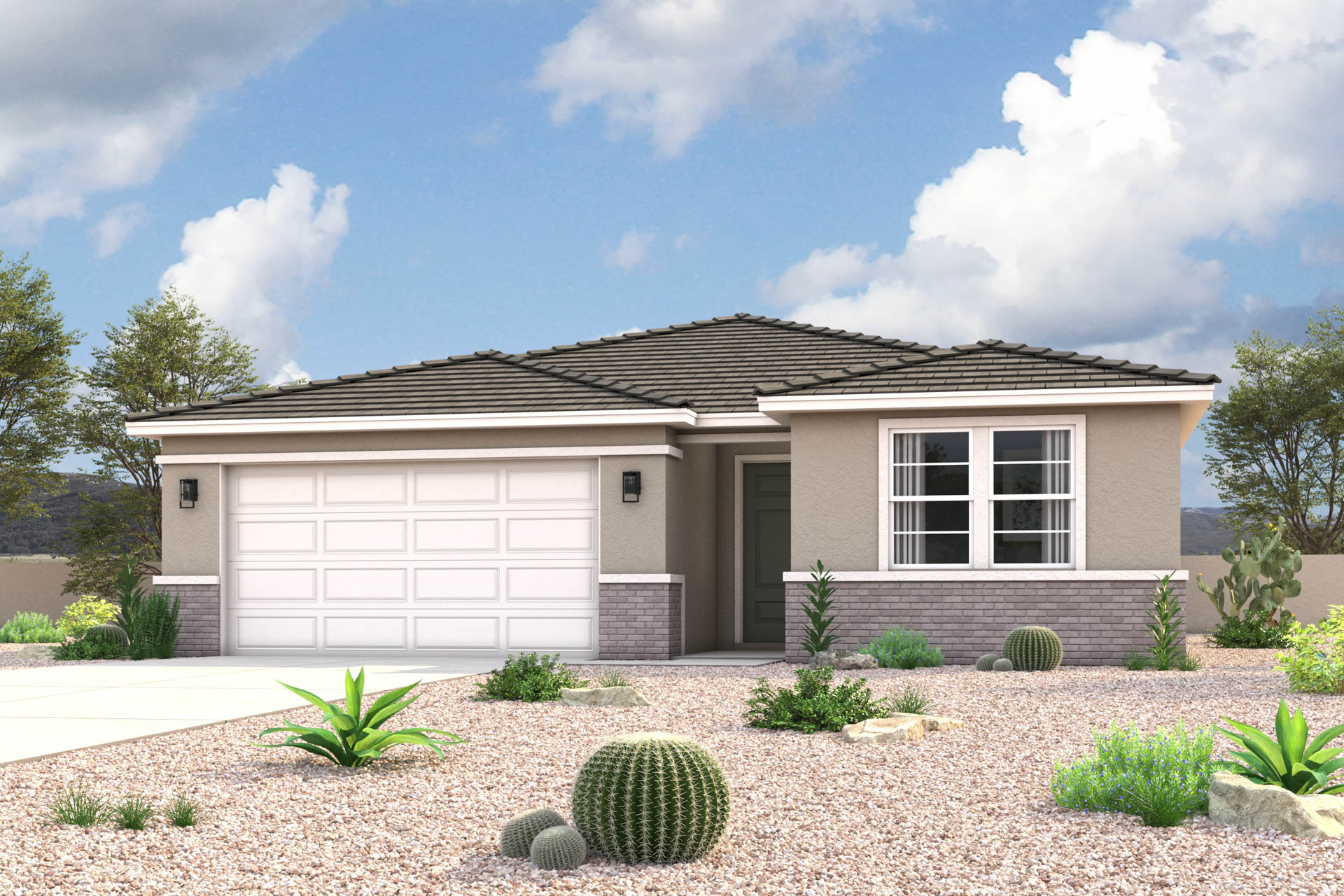 Architectural rendering of front of 1-story home in Maricopa, AZ with optional 3-Car Garage and USDA Loans available near Amarillo Creek.