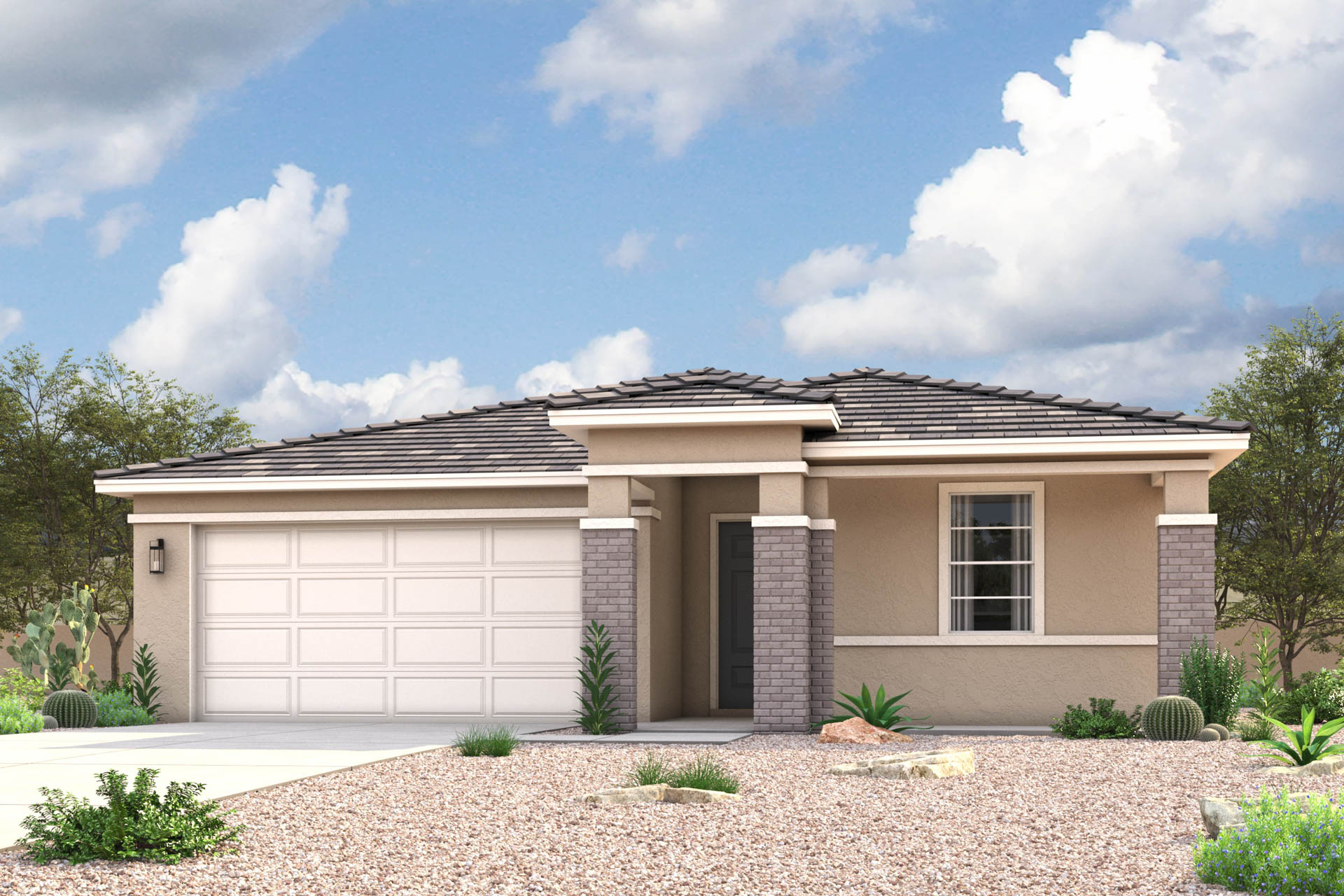 Architectural rendering of 1-story home in Maricopa, AZ with optional 3-Car Garage and USDA Loans available near Amarillo Creek.