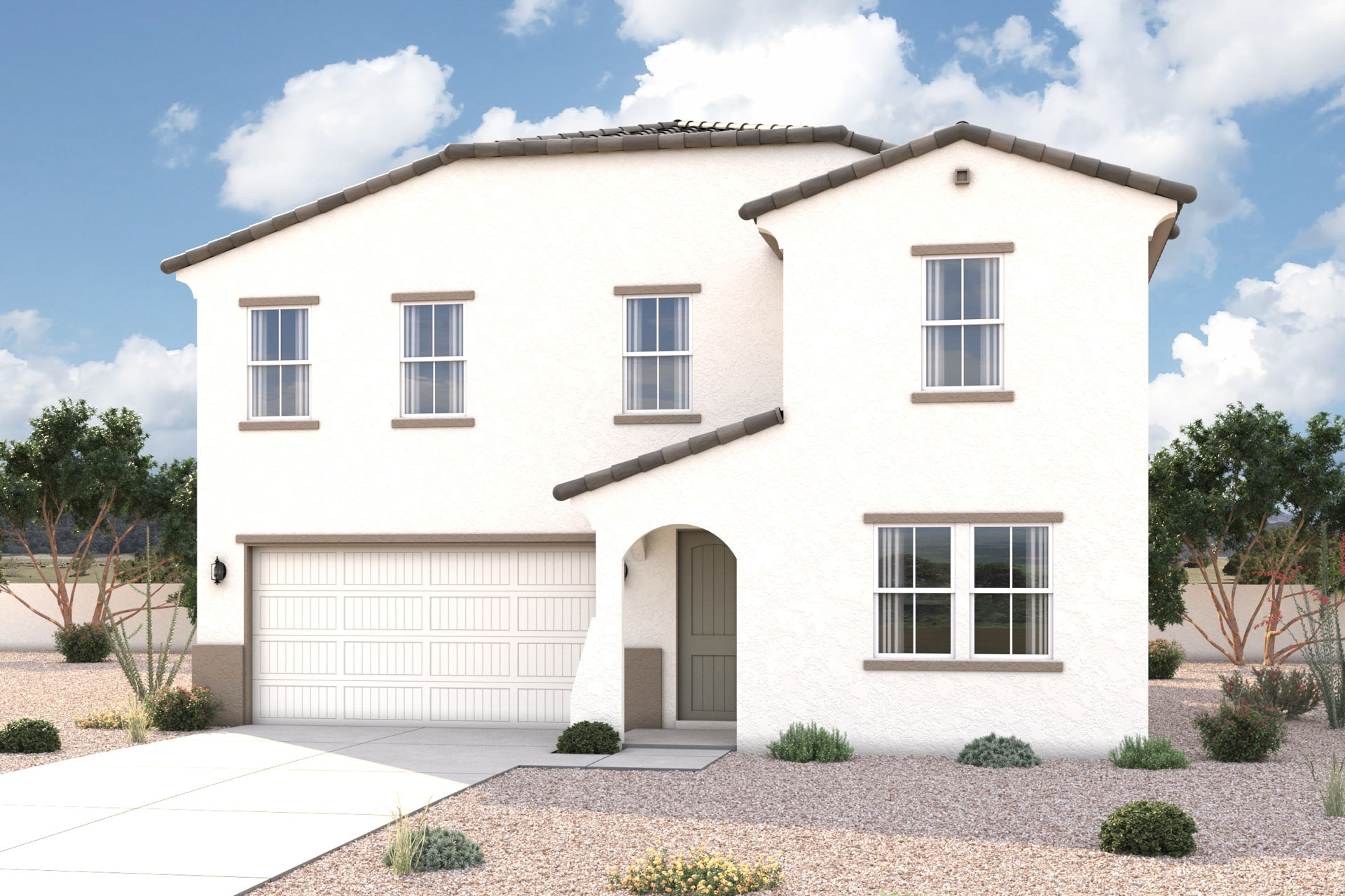 Spanish-Large white rendering of front of 2-story home in Maricopa, AZ with optional 3-Car Garage and USDA Loans available near Amarillo Creek.