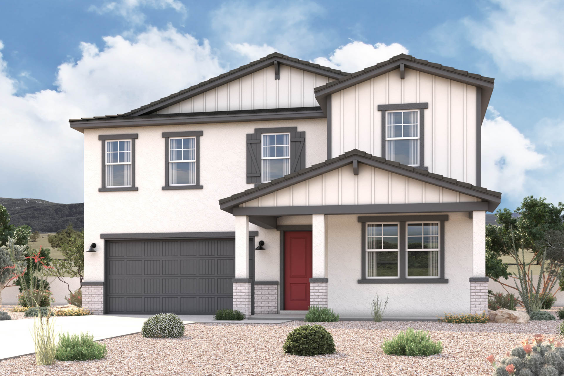 Modern Farmhouse-Large white rendering of front of 2-story home in Maricopa, AZ with optional 3-Car Garage and USDA Loans available near Amarillo Creek.