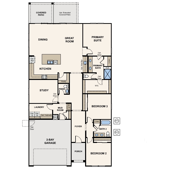 Architectural diagram, engineering drawing of 1-story home in Maricopa, AZ with optional 3-Car Garage and USDA Loans available near Amarillo Creek.