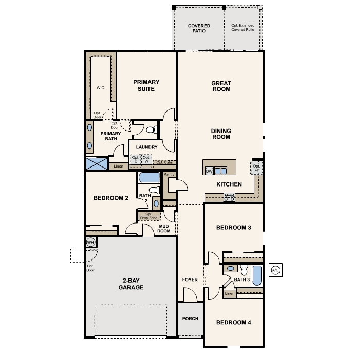Architectural diagram, engineering drawing of 1-story home in Maricopa, AZ with optional 3-Car Garage and USDA Loans available near Amarillo Creek.