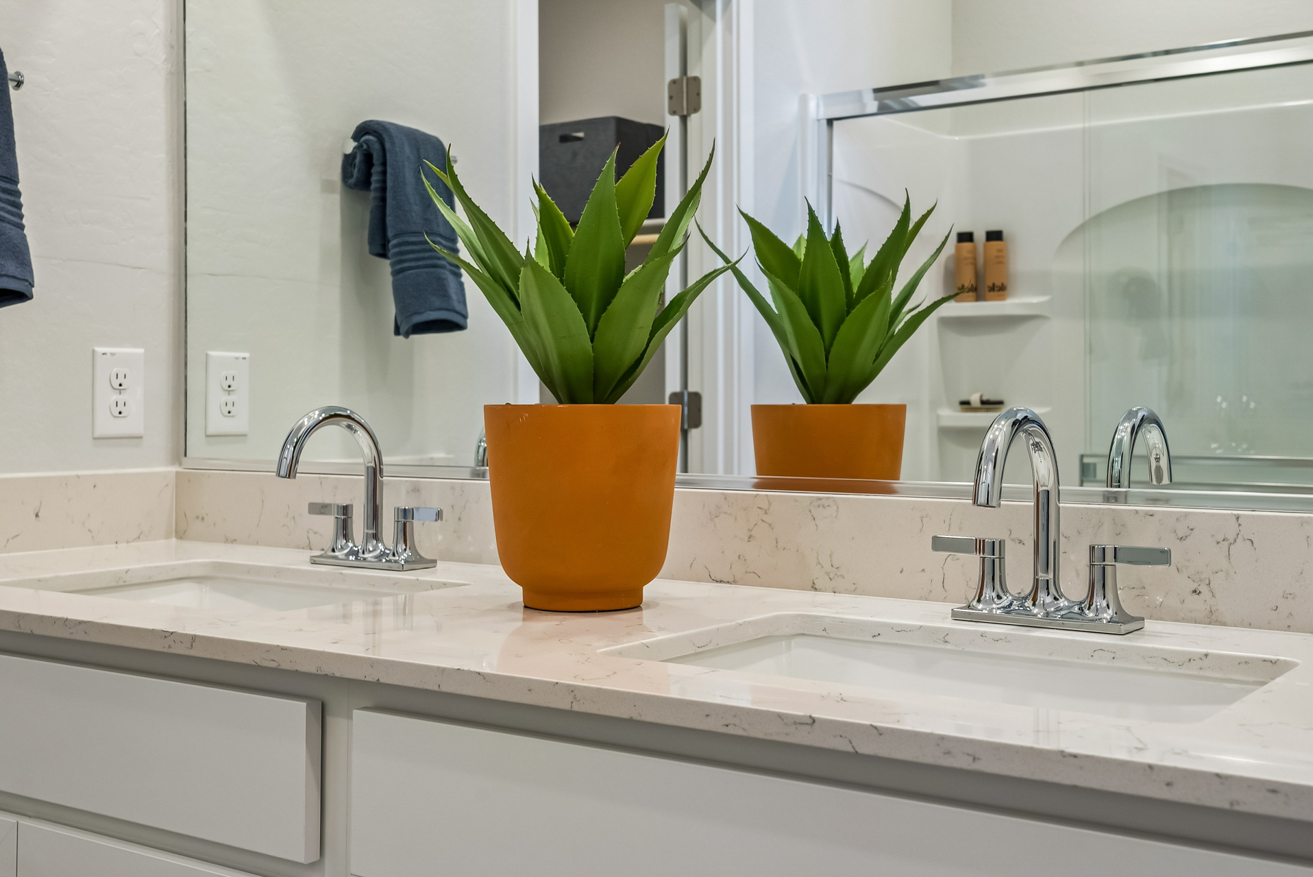 A plant in a pot on a sink.