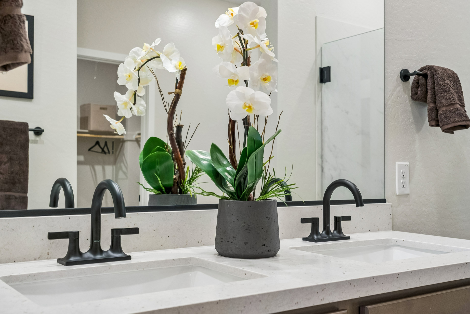 A bathroom with a sink and a plant in it.