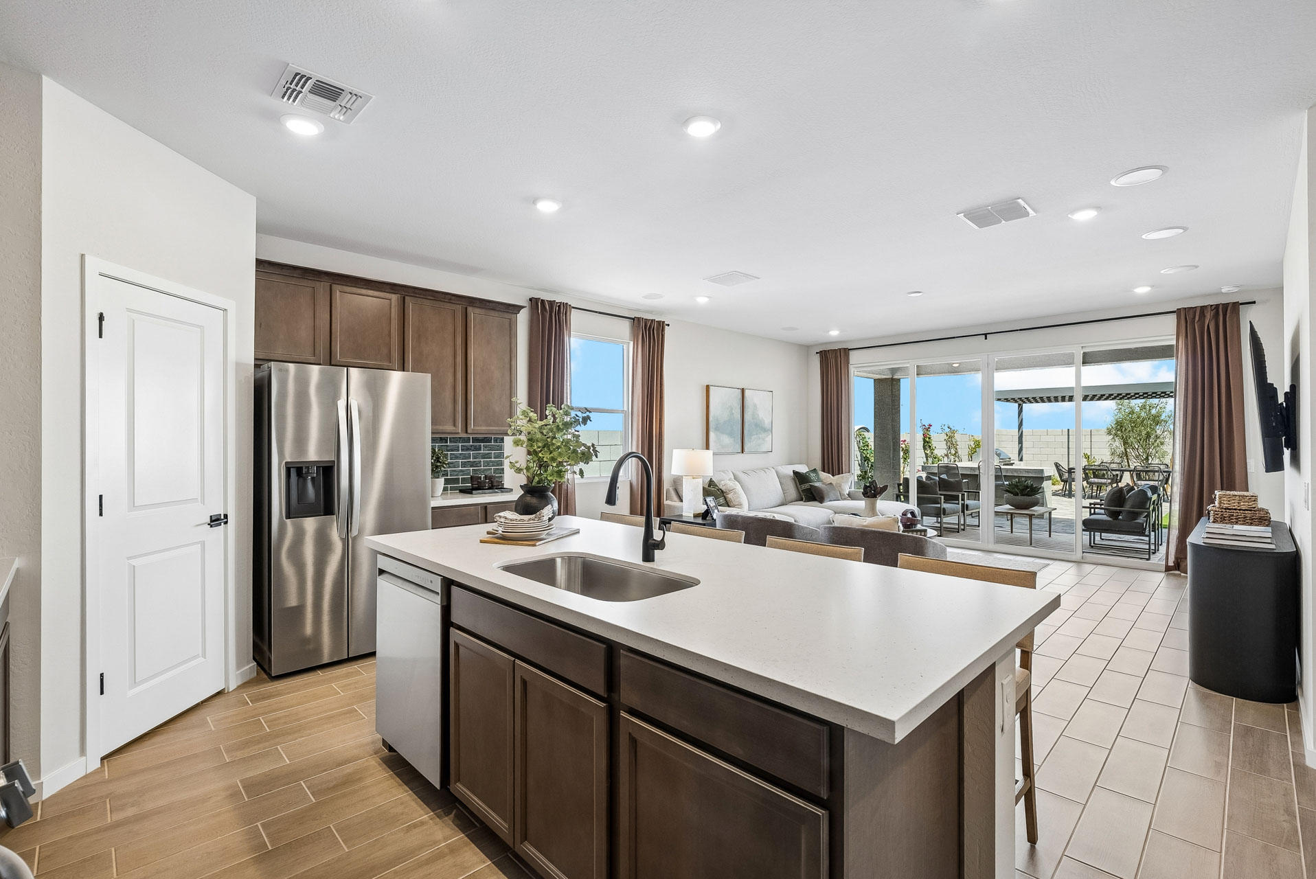A kitchen with a large island.