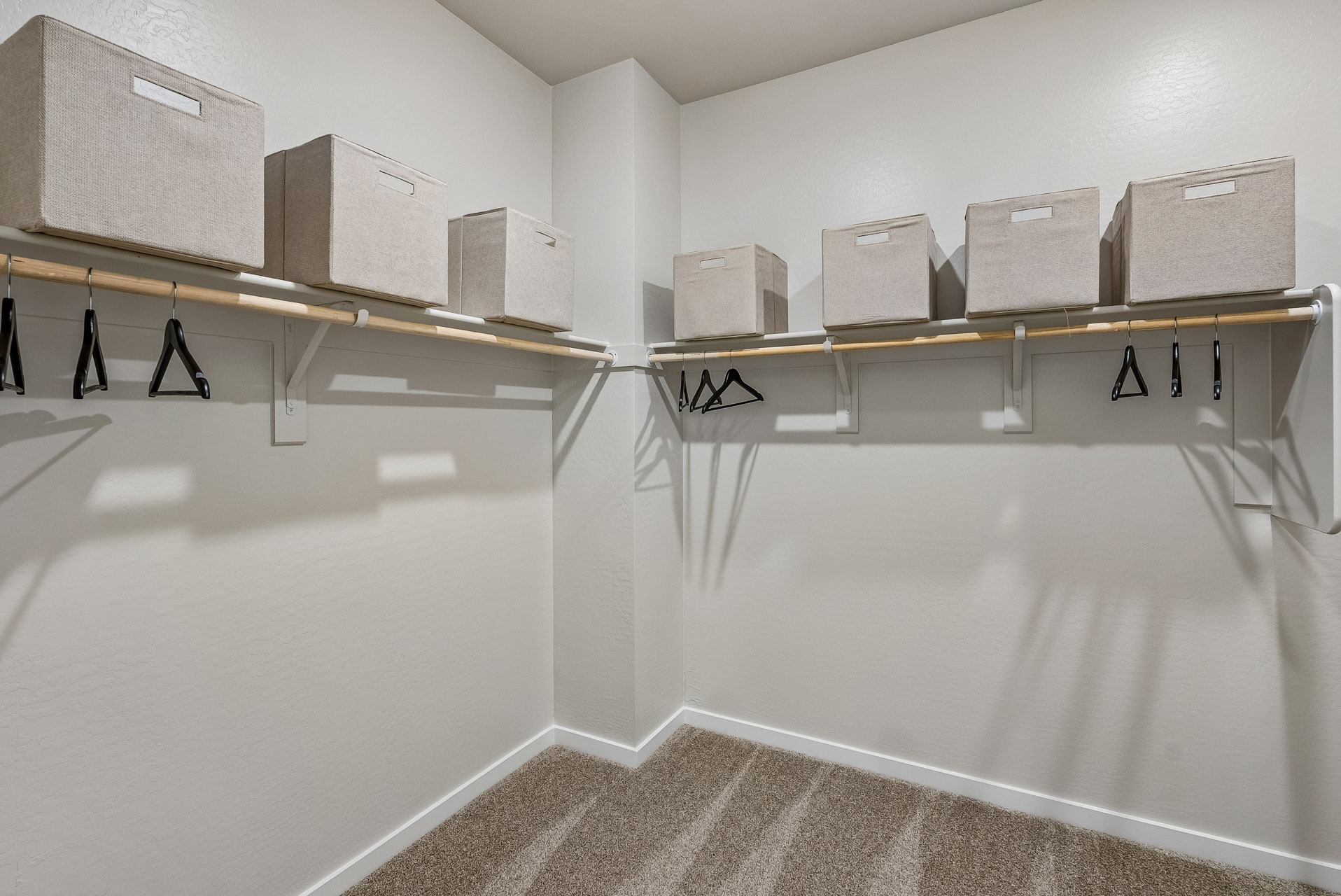 A room with white walls and black boxes on shelves.