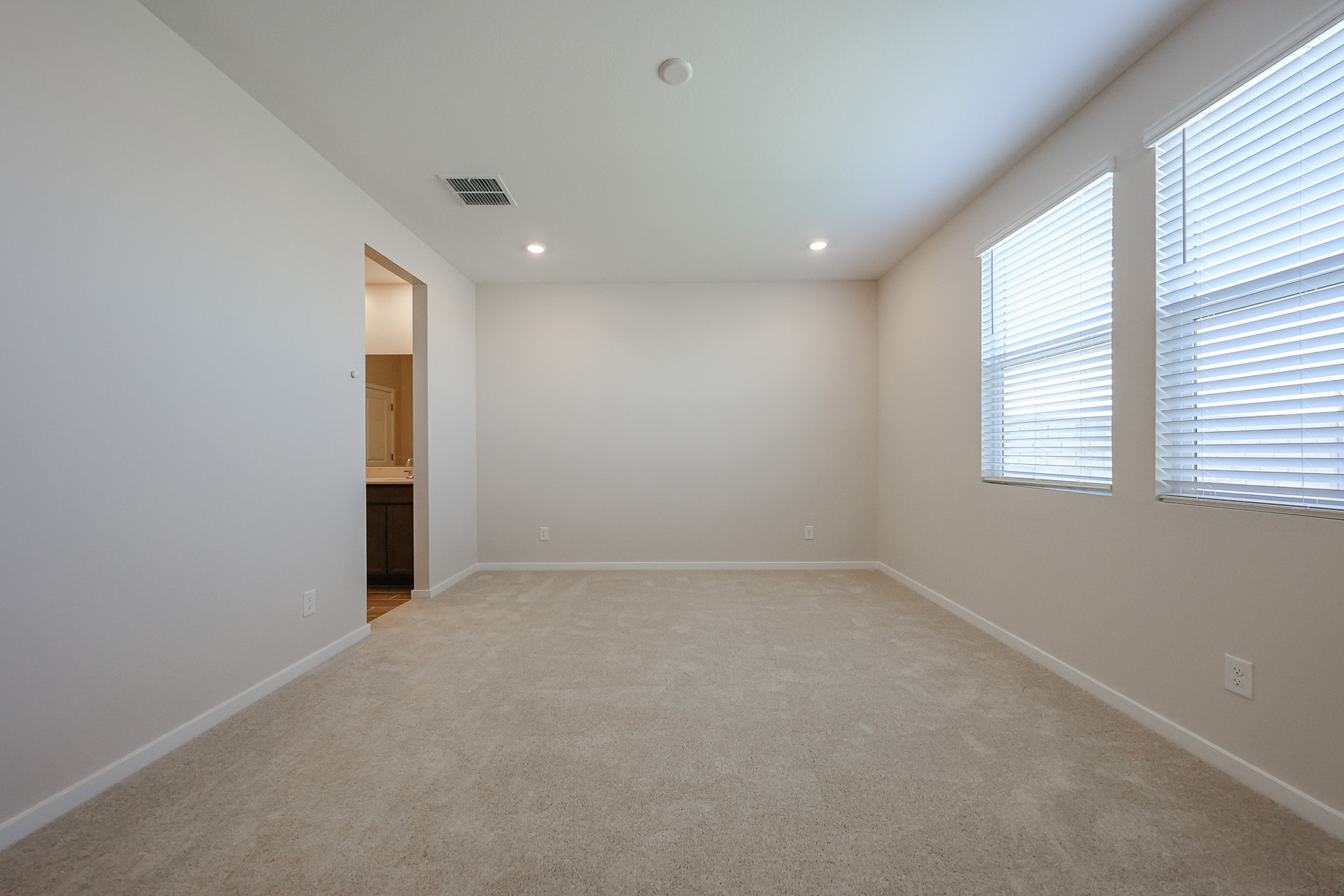 A room with a carpet and windows.