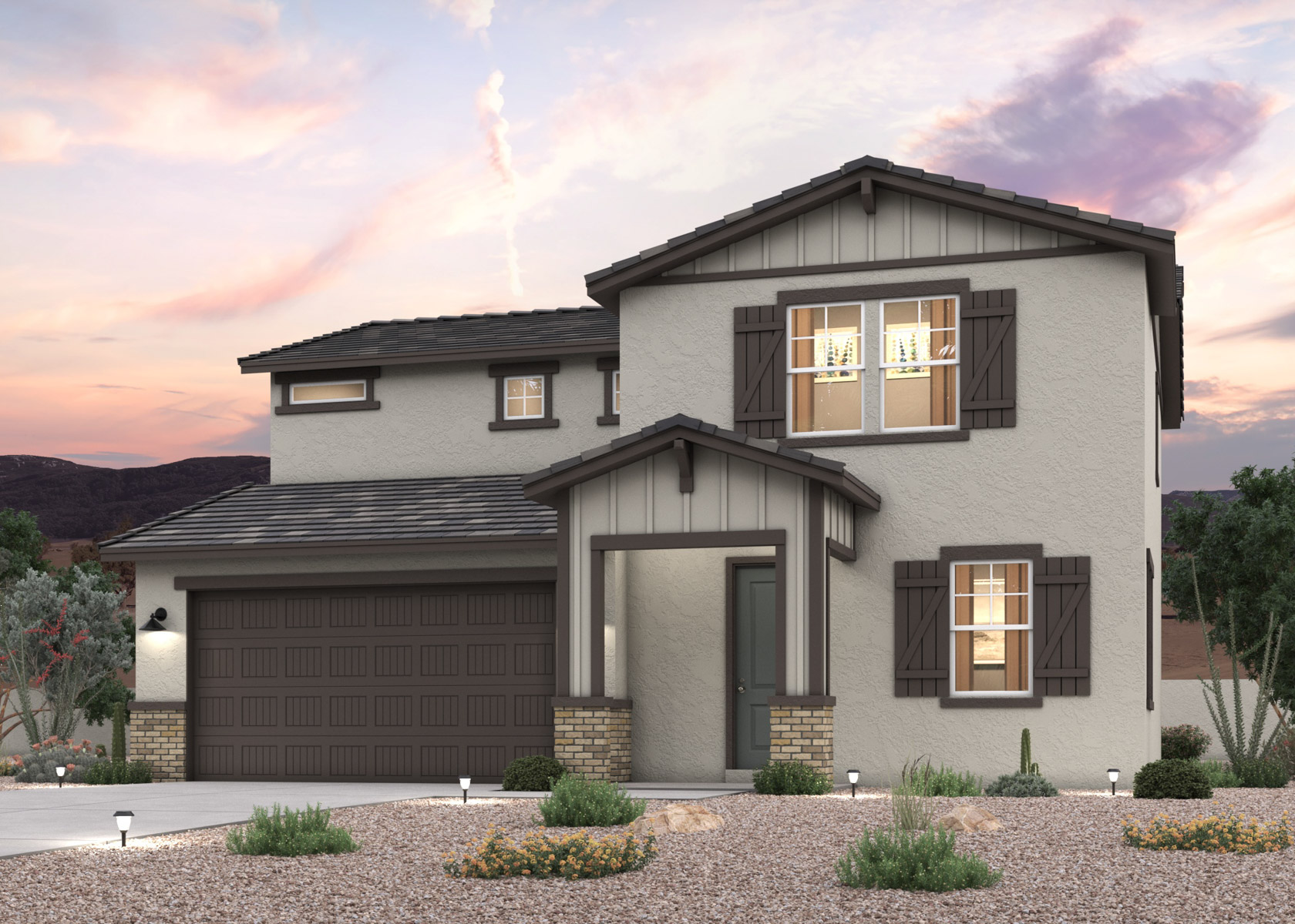 Twilight rendering of the front of a new 2-Story home for sale with 2 car garage in Surprise, AZ