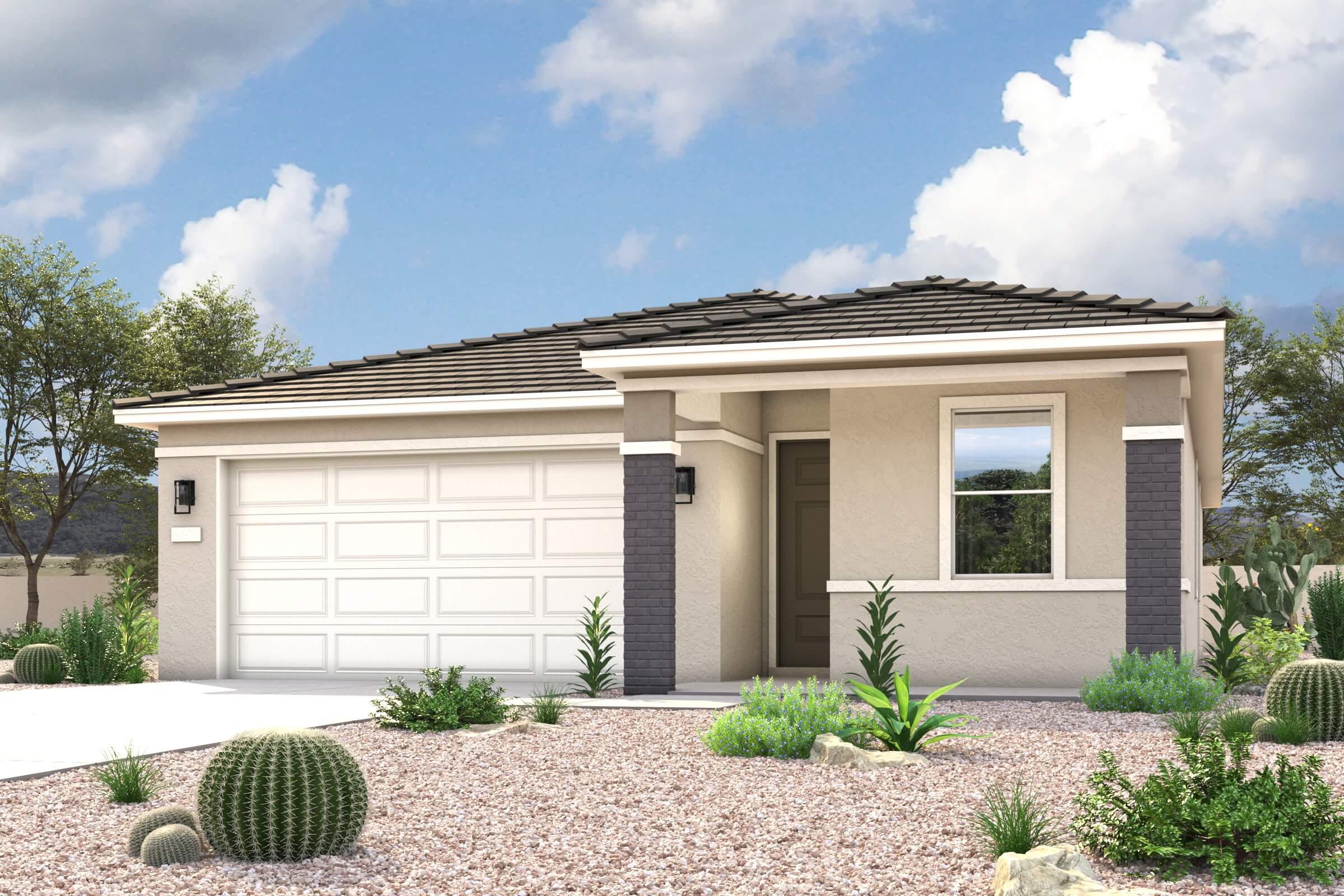 A house with a garage and bushes.