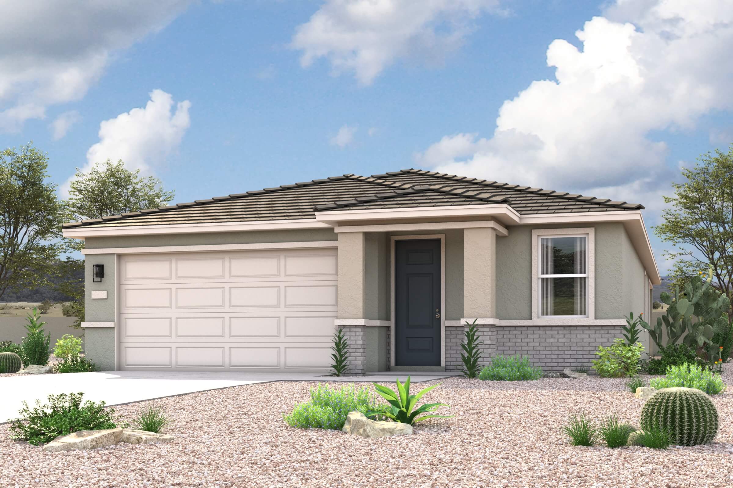 A house with a garage and bushes.