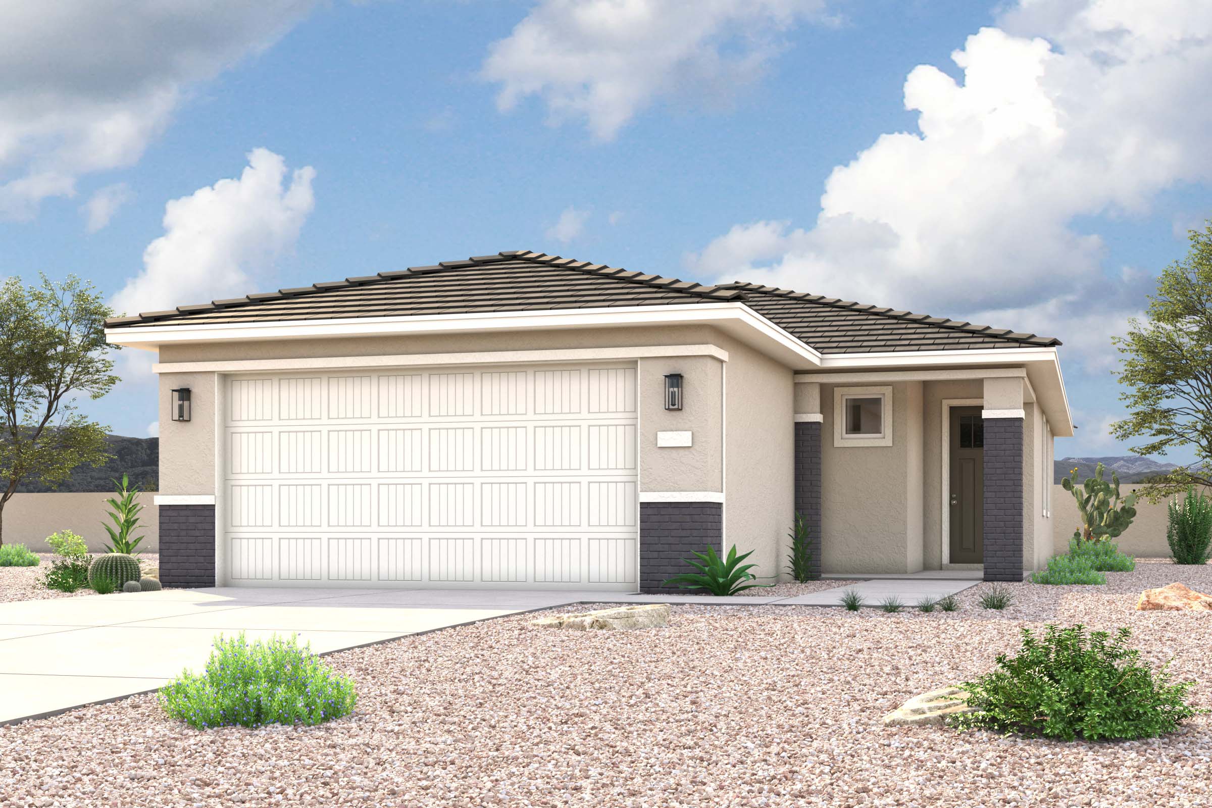 Rendering of front of new home for sale in San Tan Valley, AZ at Skyline Village the Highlands Collection by Century Communities with 2 car garage.