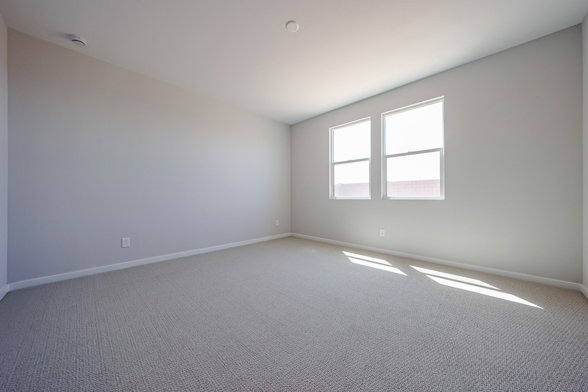 A room with a carpet and windows.