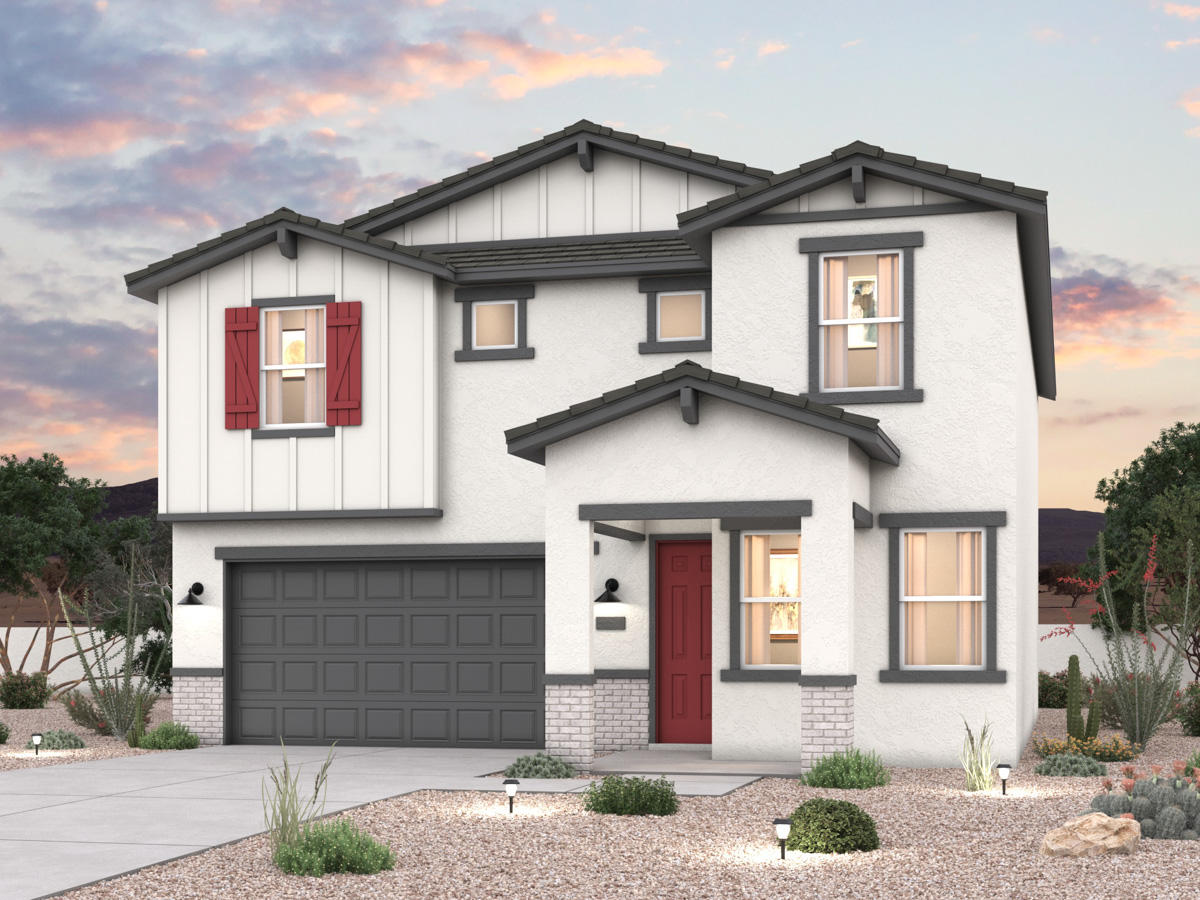 Twilight rendering of front of new home for, AZ with 2 car garage in the beautiful Skyline Village community with pool. sale in San Tan