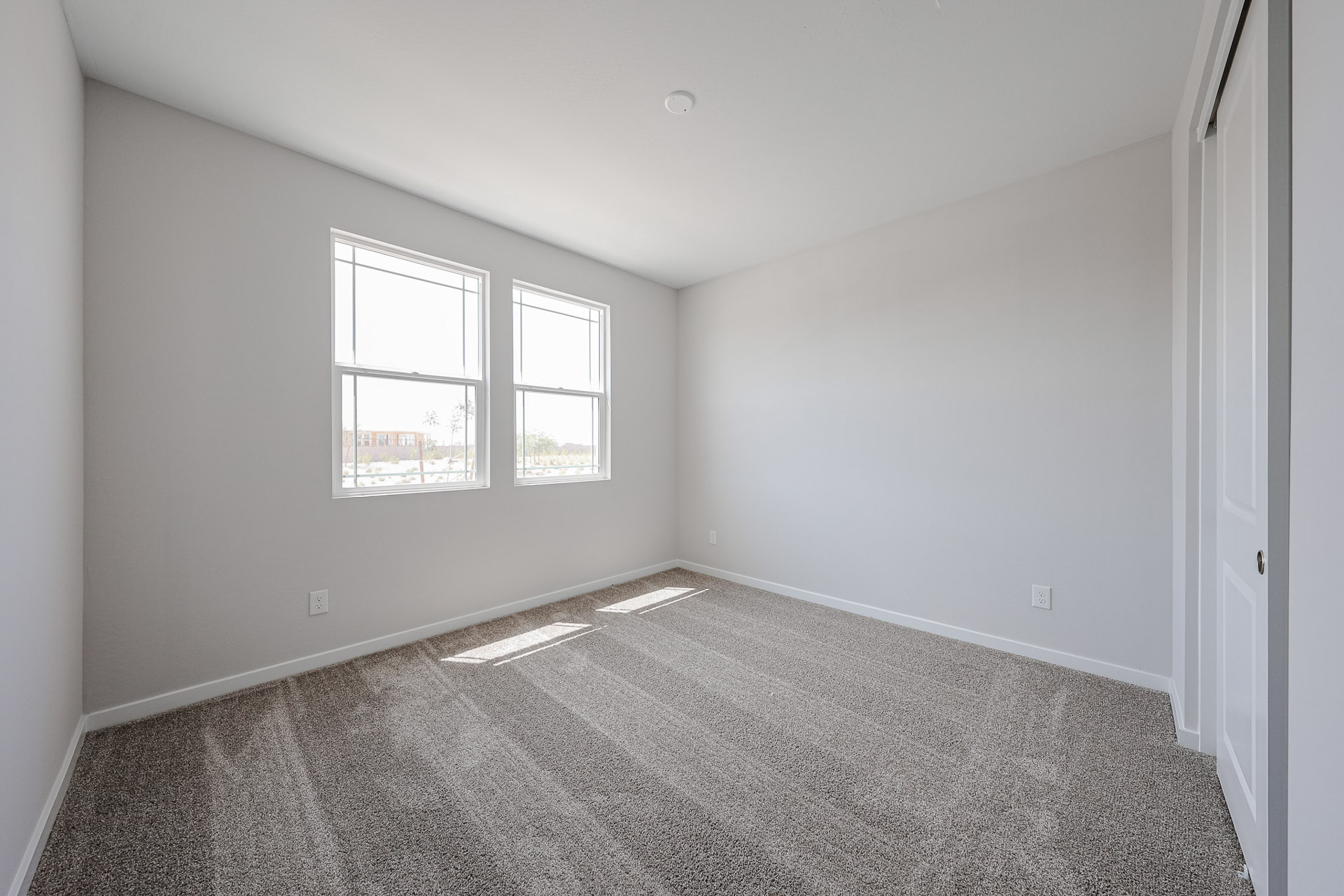 A room with a carpet and windows.