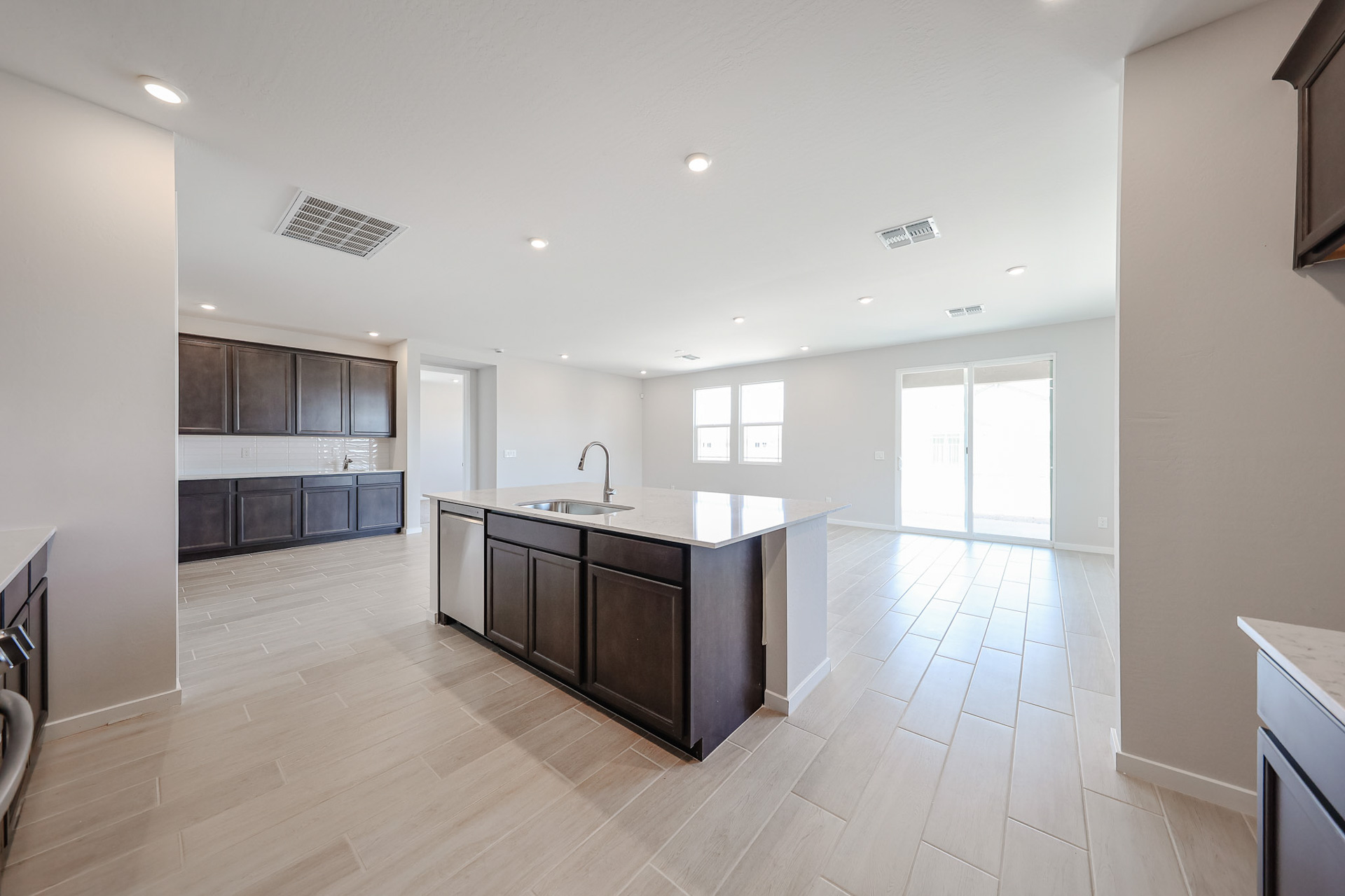 A kitchen with a large island.