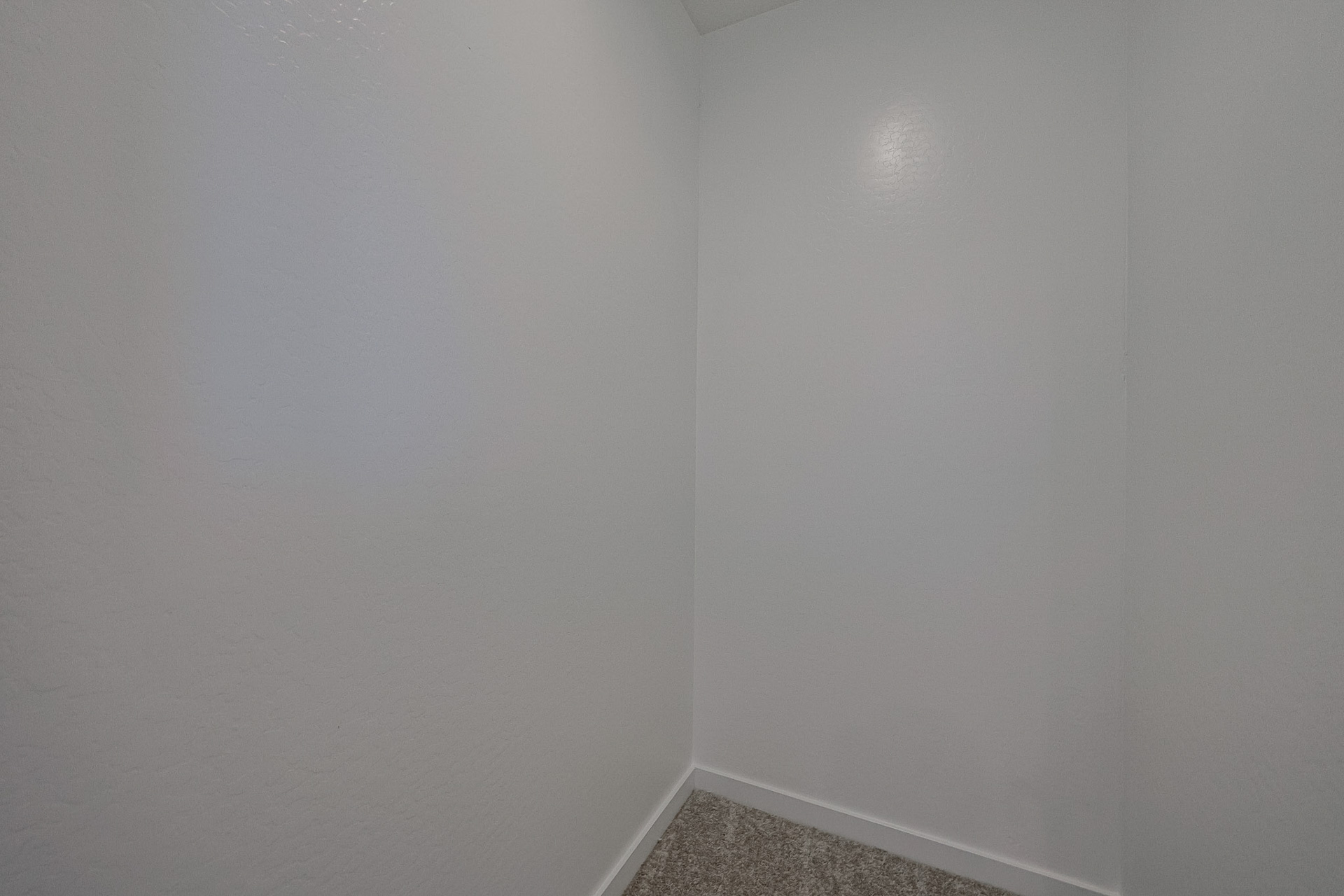 A white wall with a grey carpet.