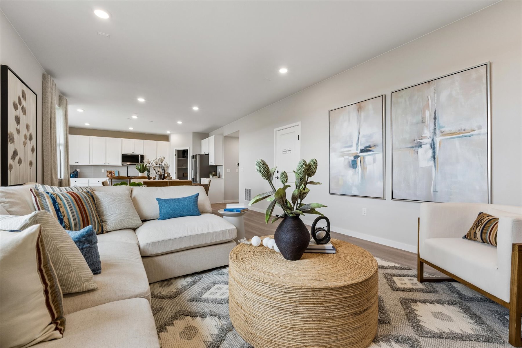 A living room with a couch and a coffee table.