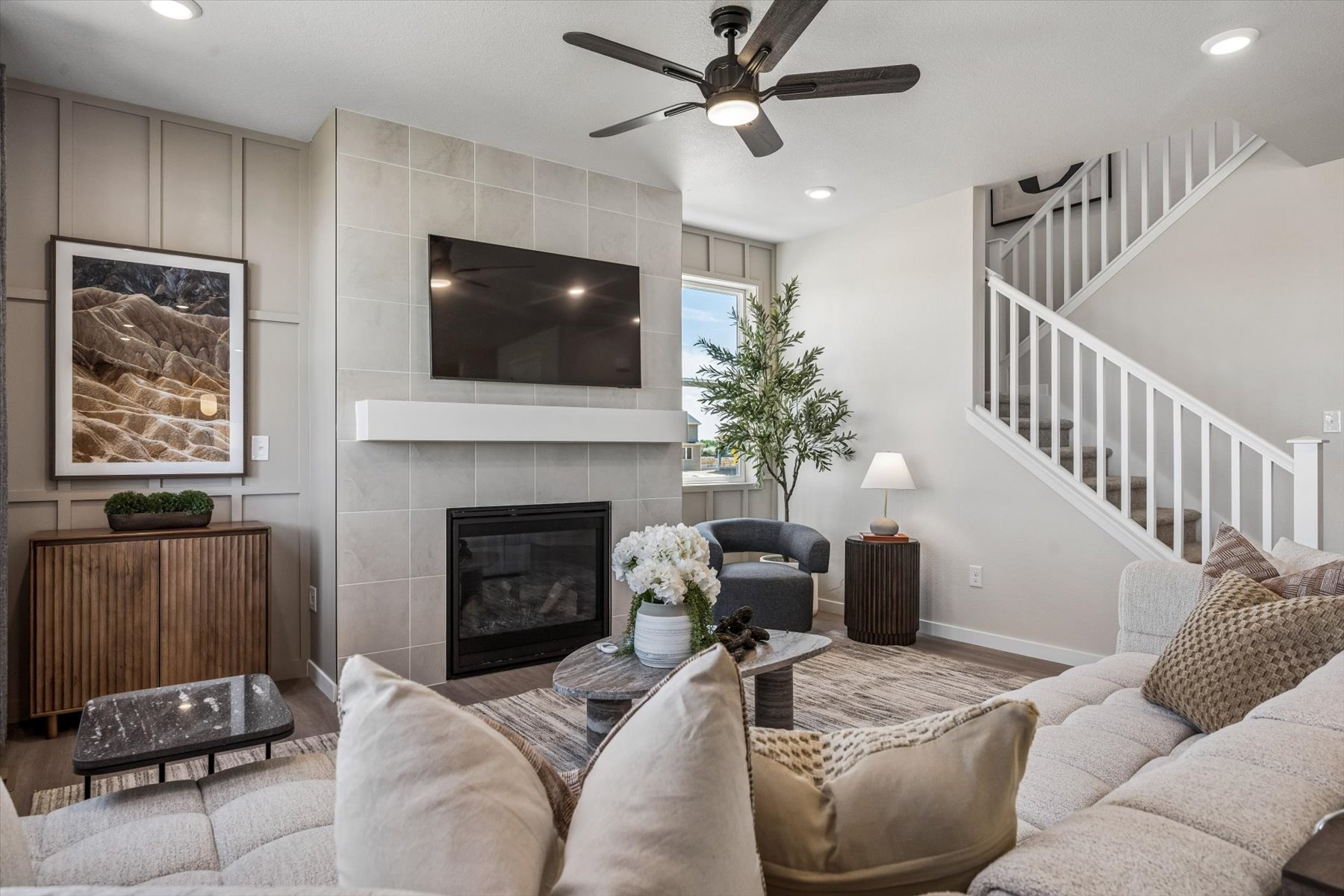 A living room with a fireplace.