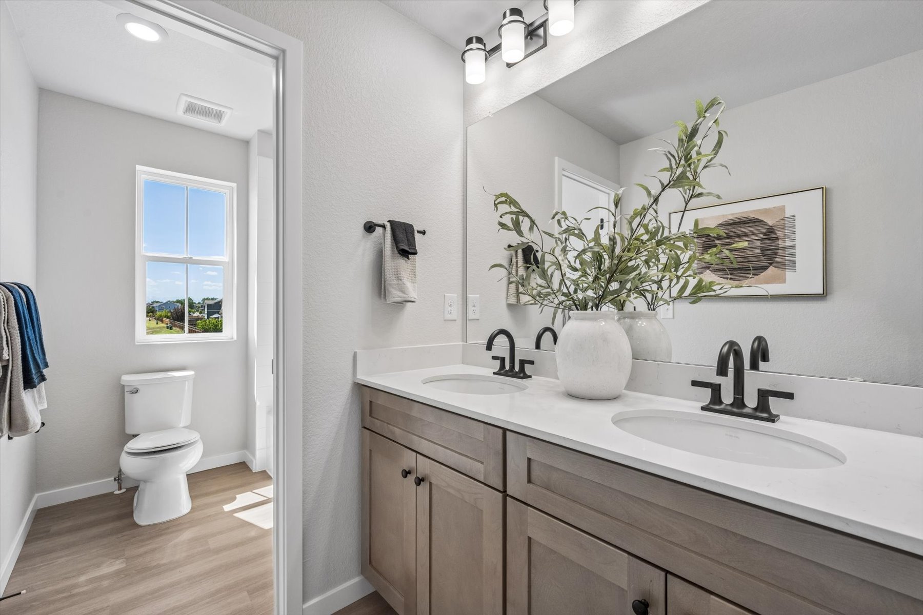 A bathroom with a sink toilet and a plant.