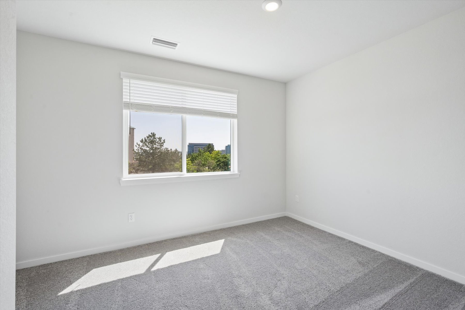 A room with a window and a carpet.