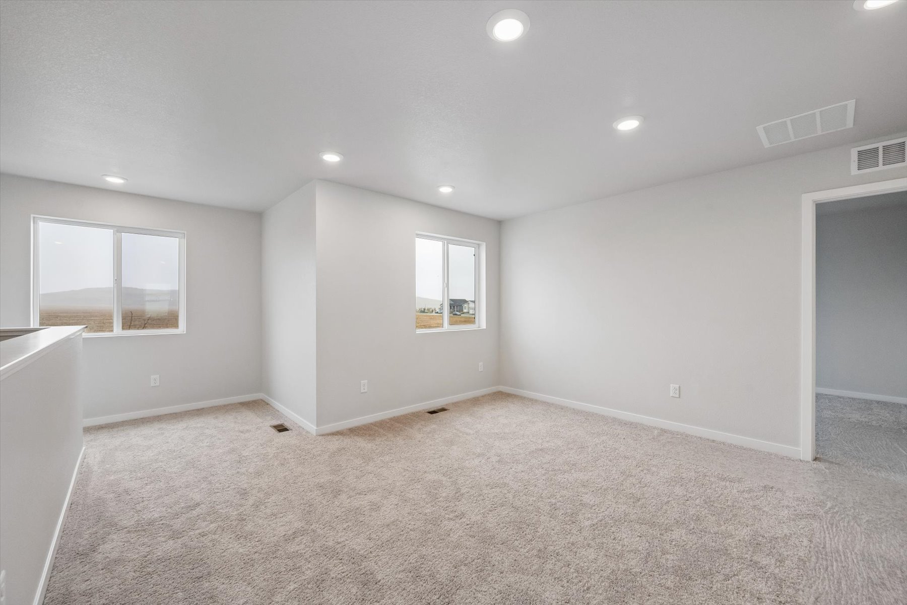 A room with a carpet and windows.