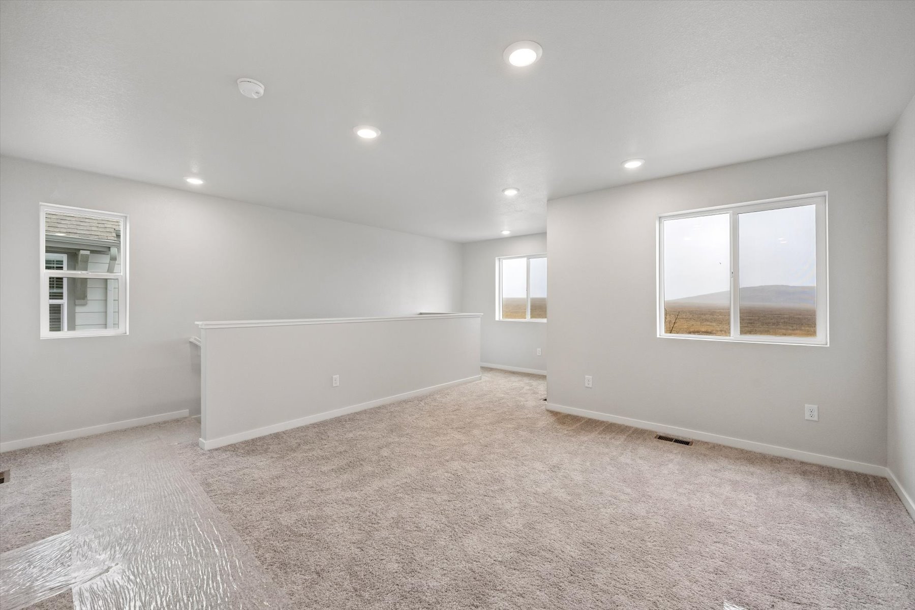 A room with a carpet and windows.
