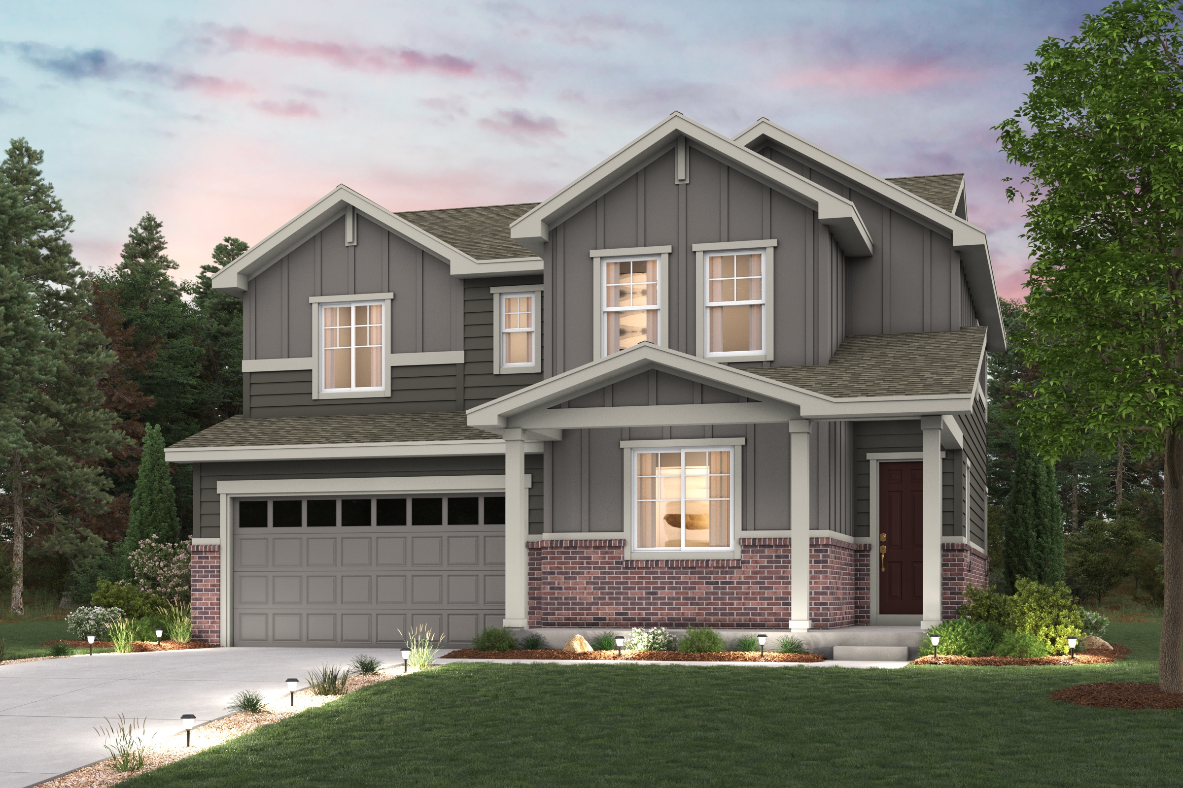 Powell Floorplan Rendering with landscaping and Elevation C exterior Finishes