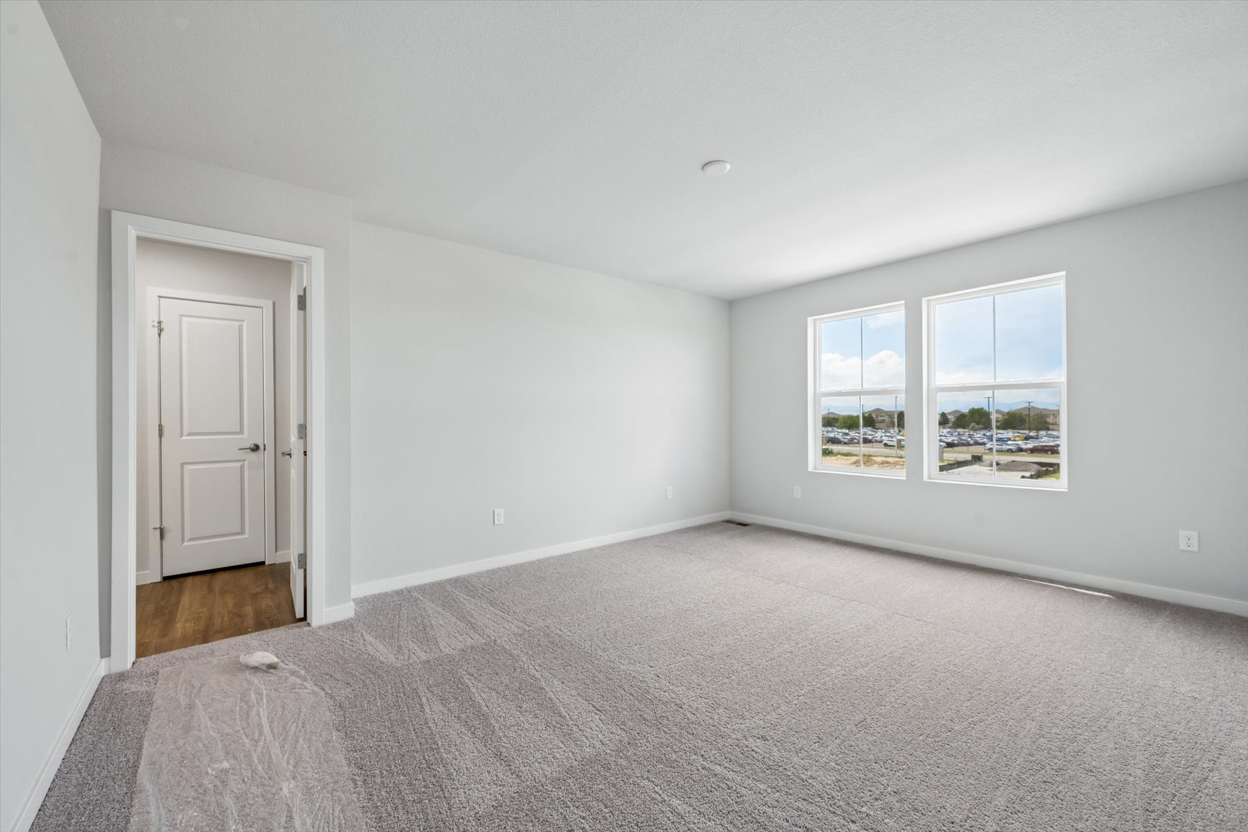 A room with a carpet and windows.
